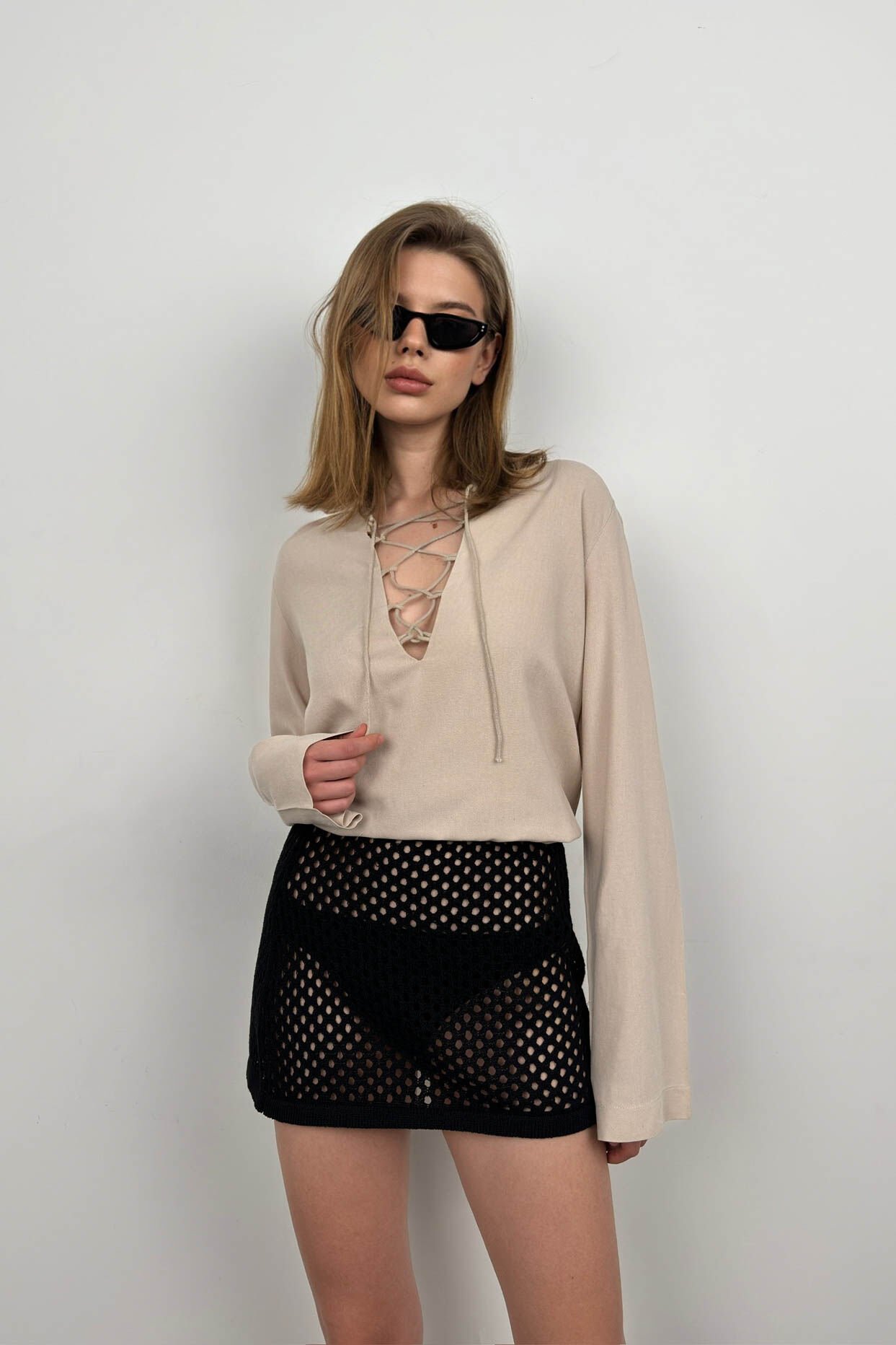 Lace Up Linen Blouse