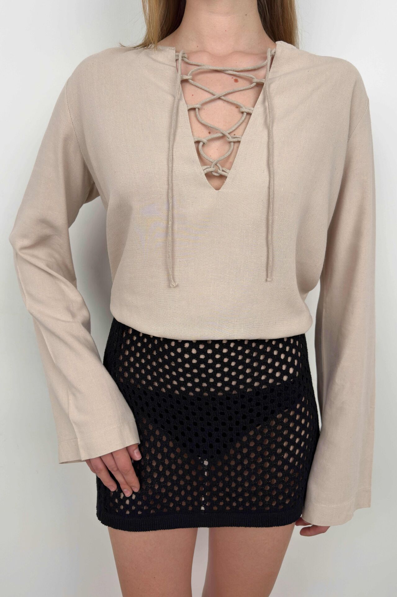 Lace Up Linen Blouse
