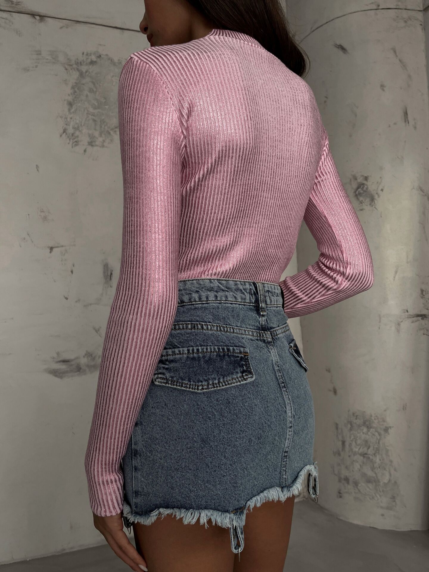 Toptan Balıkçı Yaka Metalik Pembe Triko Bluz