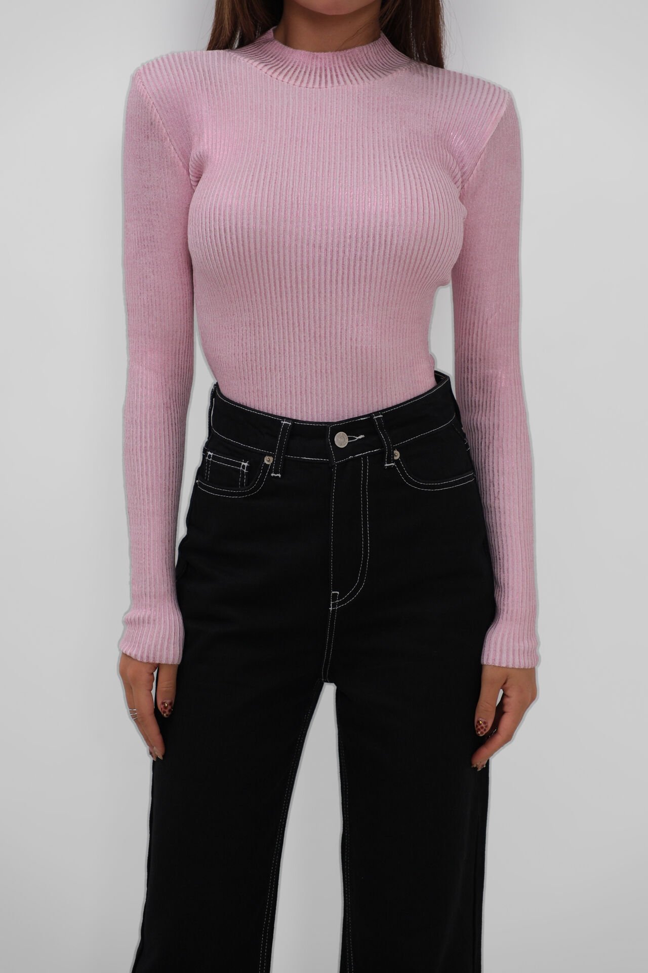 Toptan Balıkçı Yaka Metalik Pembe Triko Bluz