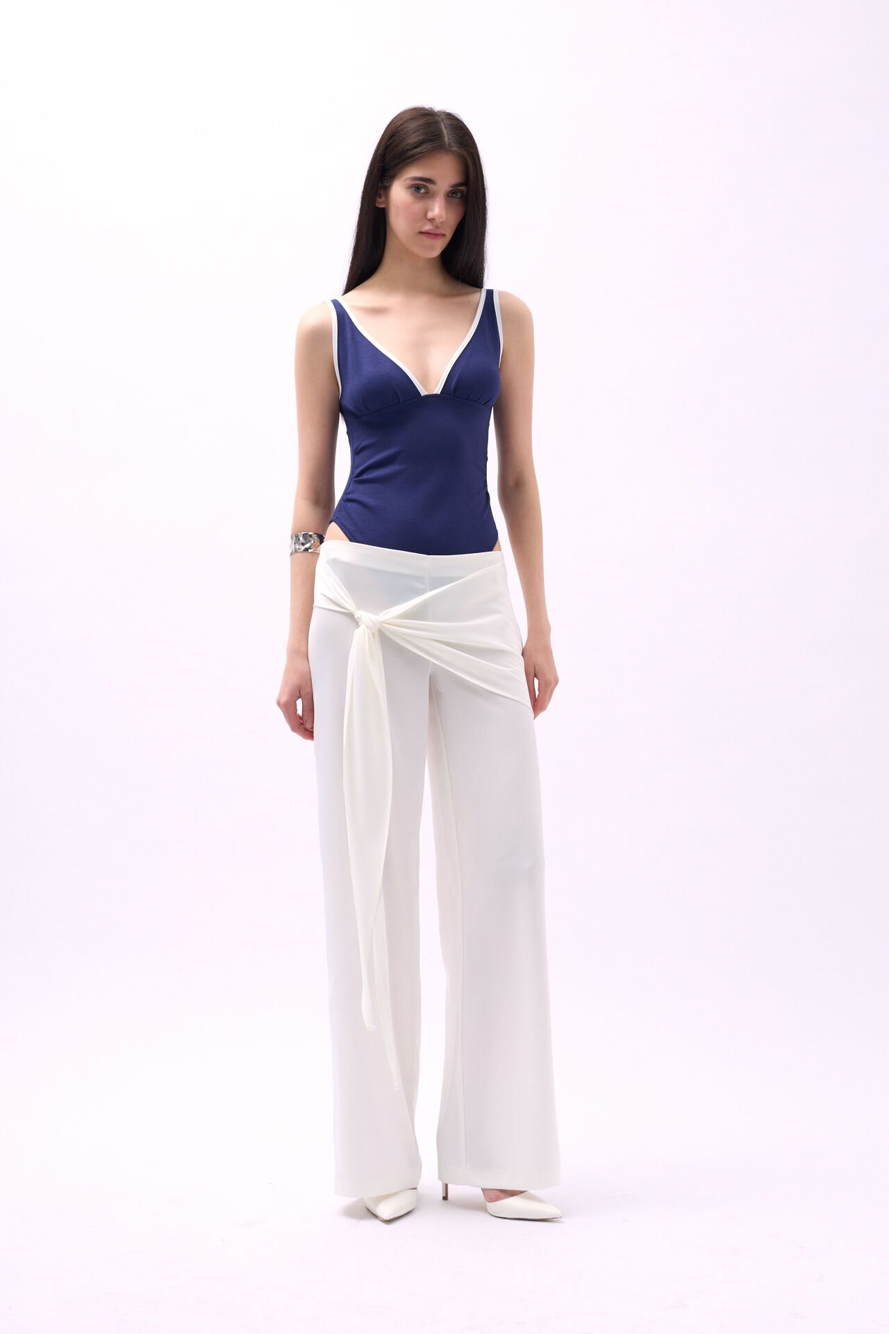 Wholesale Front Tie Ecru Satin Trousers
