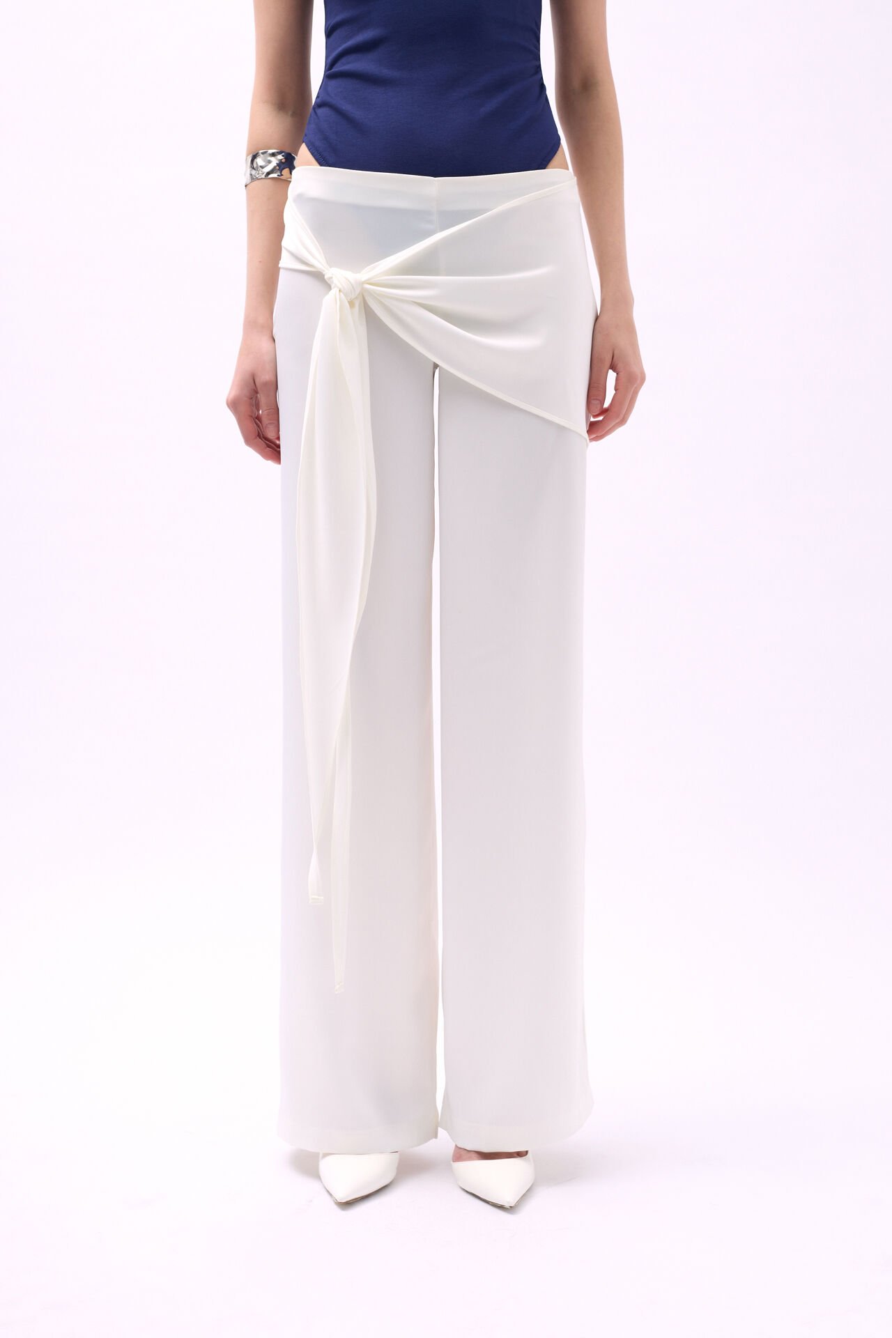 Wholesale Front Tie Ecru Satin Trousers