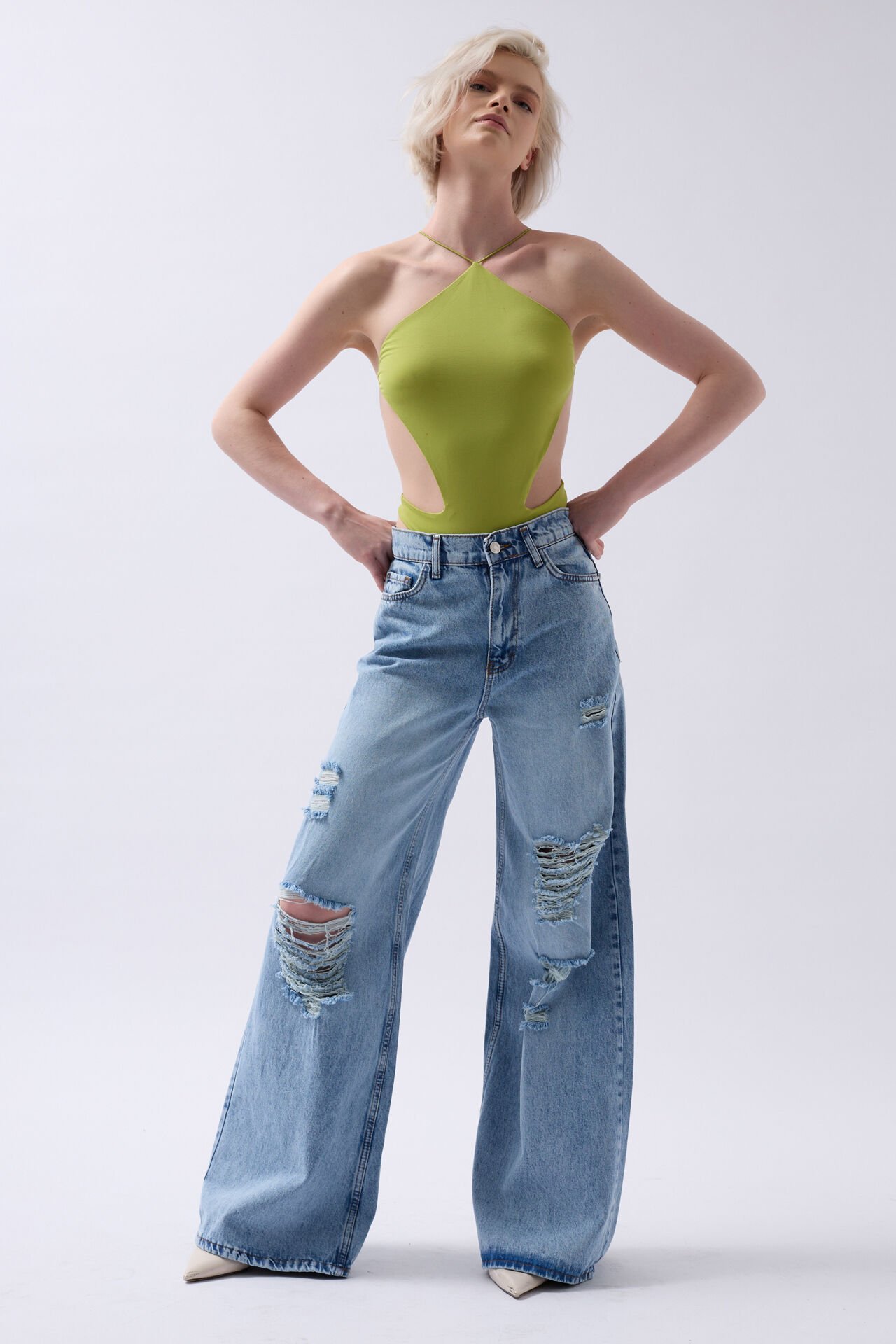 Wholesale Laser Cut Wide Leg High Waist Blue Jeans