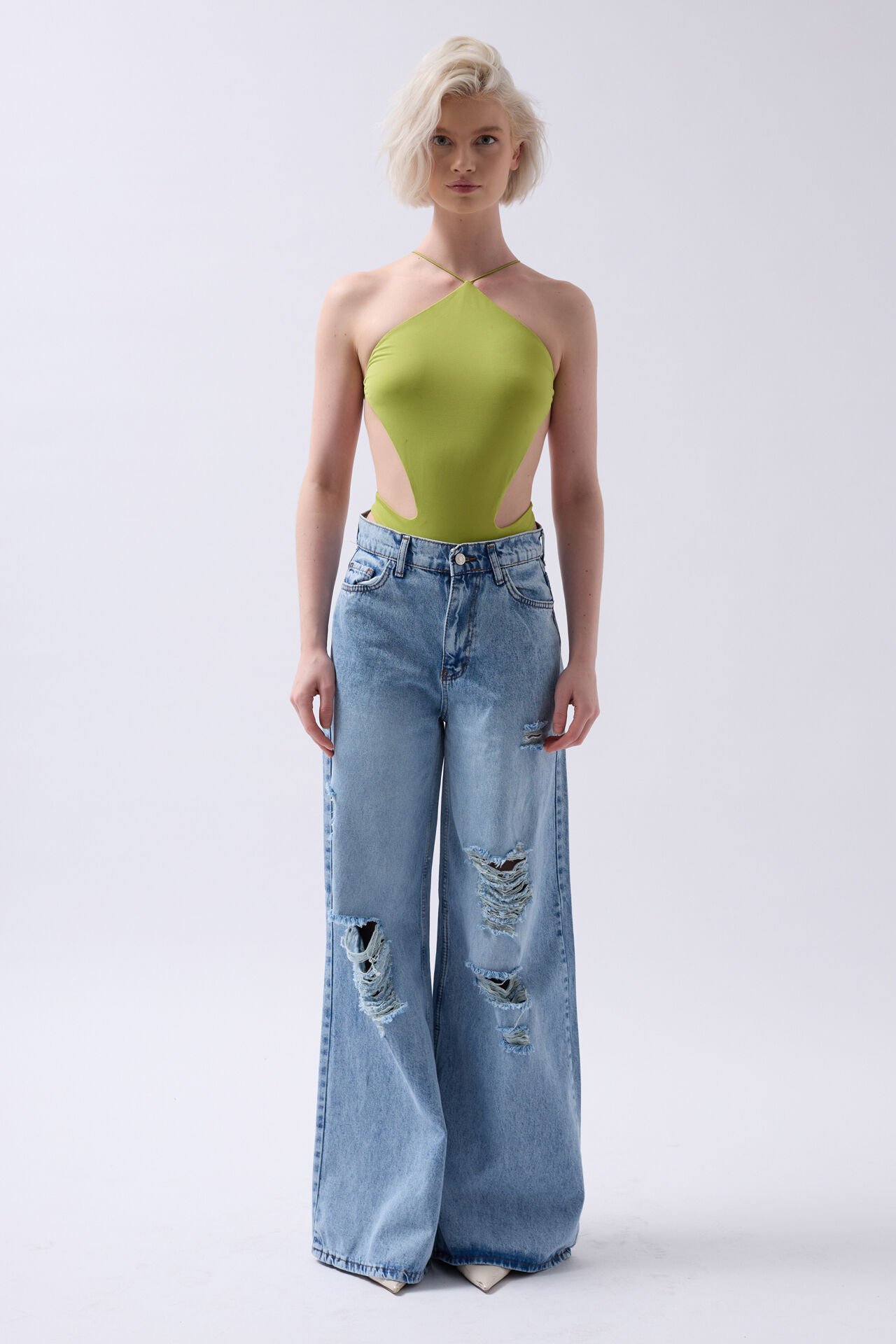 Wholesale Laser Cut Wide Leg High Waist Blue Jeans