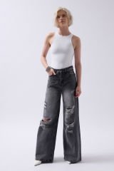 Wholesale Laser Cut Wide Leg High Waist Black Jeans