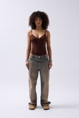 Toptan Önü Büzgülü Askılı Kahverengi Bodysuit