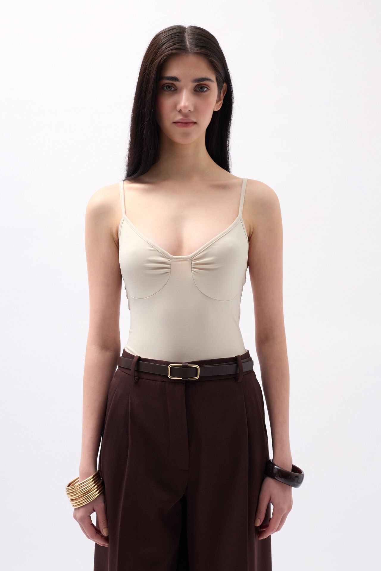 Wholesale Front Pleated Strappy Beige Bodysuit