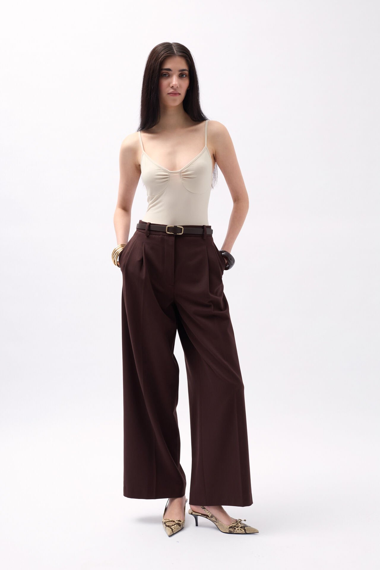 Wholesale Front Pleated Strappy Beige Bodysuit