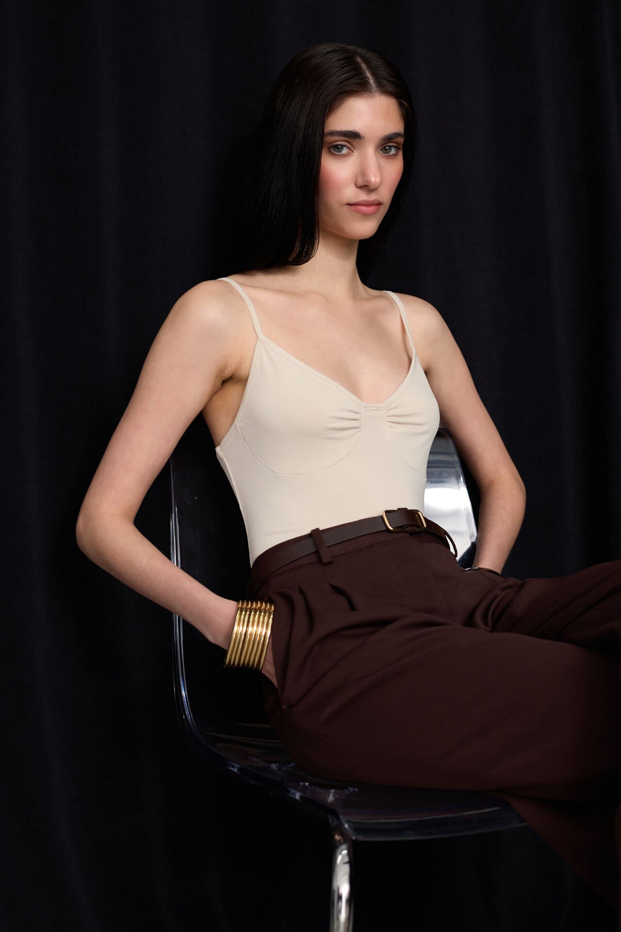 Wholesale Front Pleated Strappy Beige Bodysuit