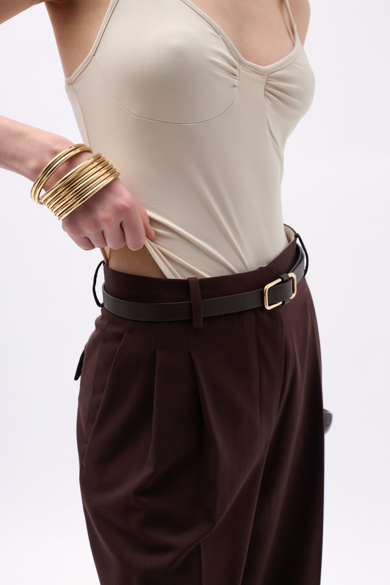 Wholesale Front Pleated Strappy Beige Bodysuit