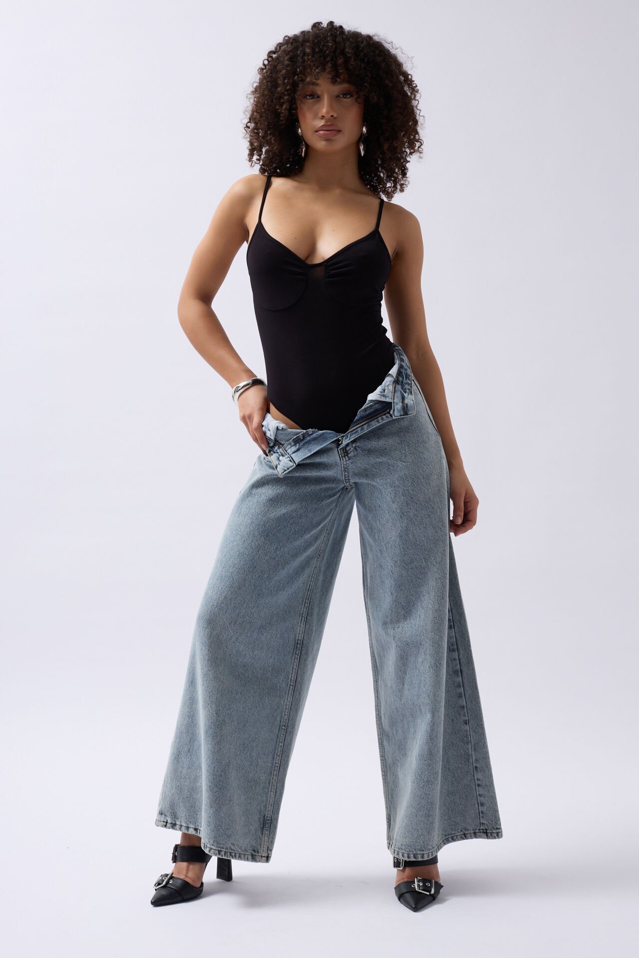 Wholesale Front Pleated Strappy Black Bodysuit