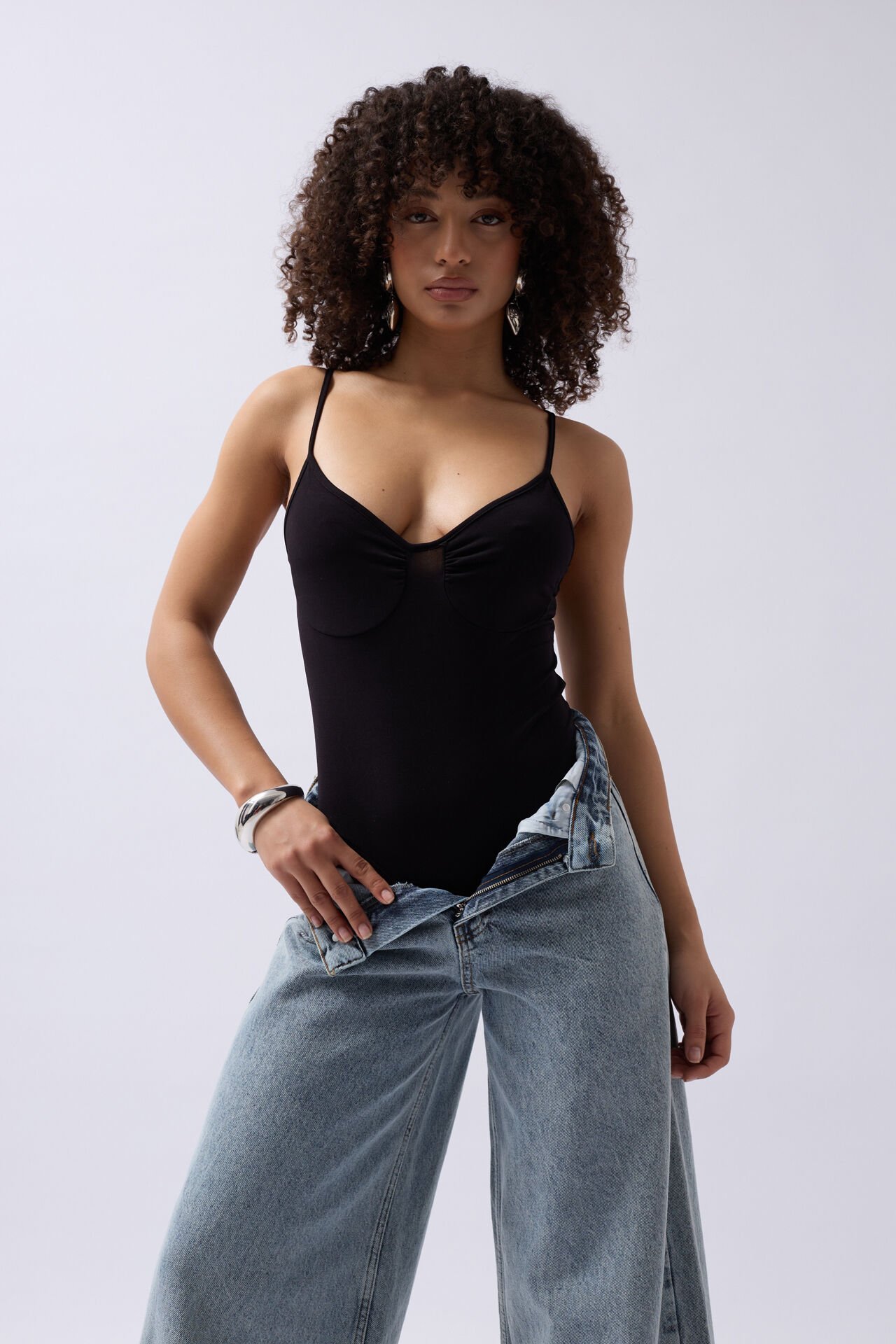 Wholesale Front Pleated Strappy Black Bodysuit