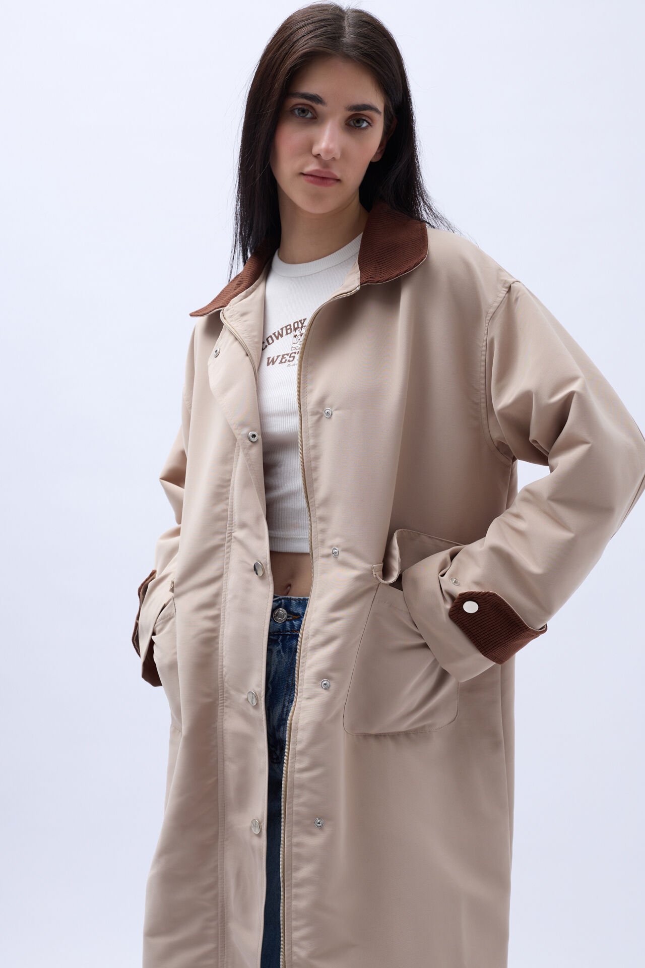 Toptan Yaka Detaylı Oversiz Bej Trençkot