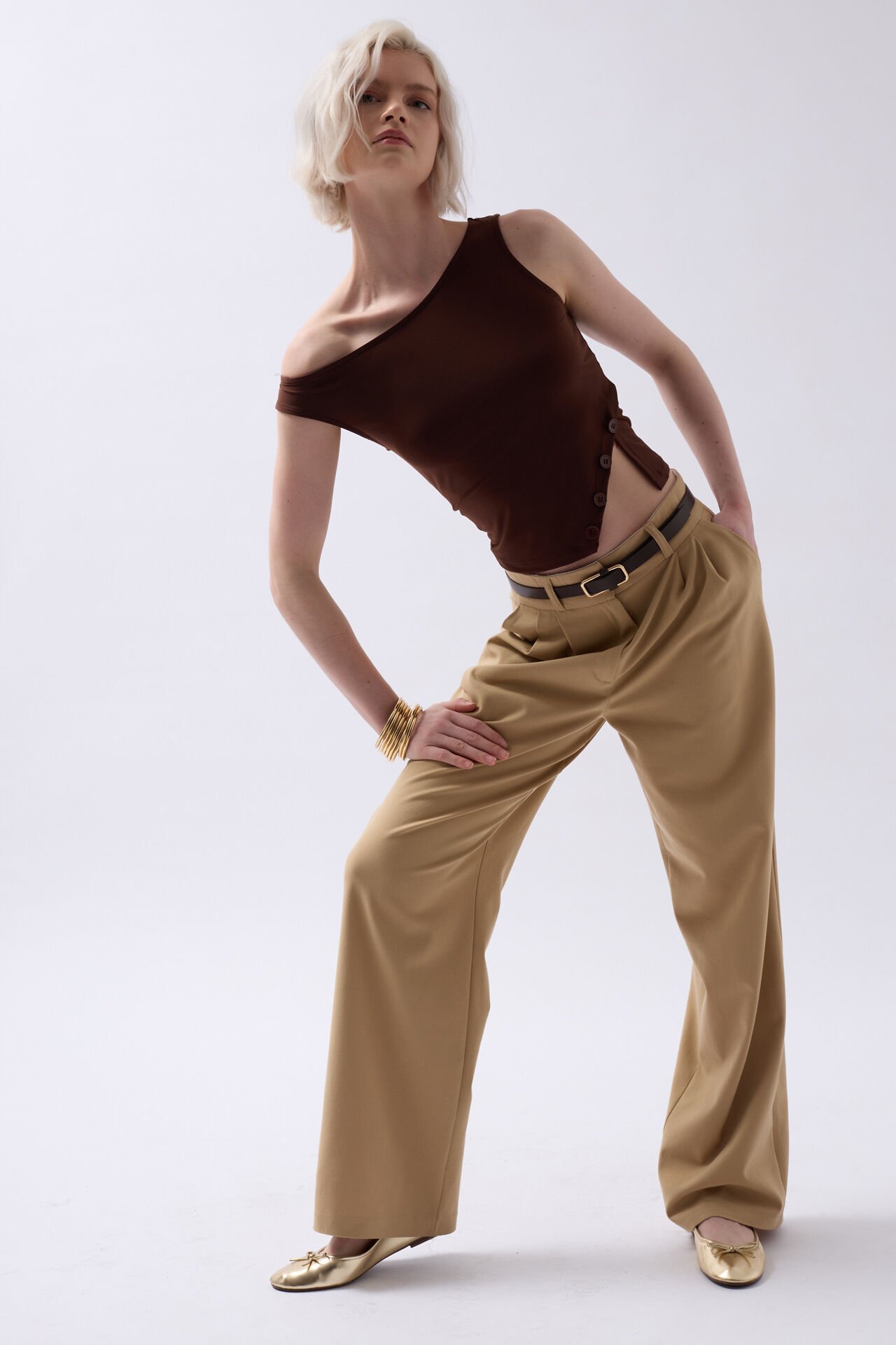 Wholesale Boat Neck Slit Detail Brown Blouse