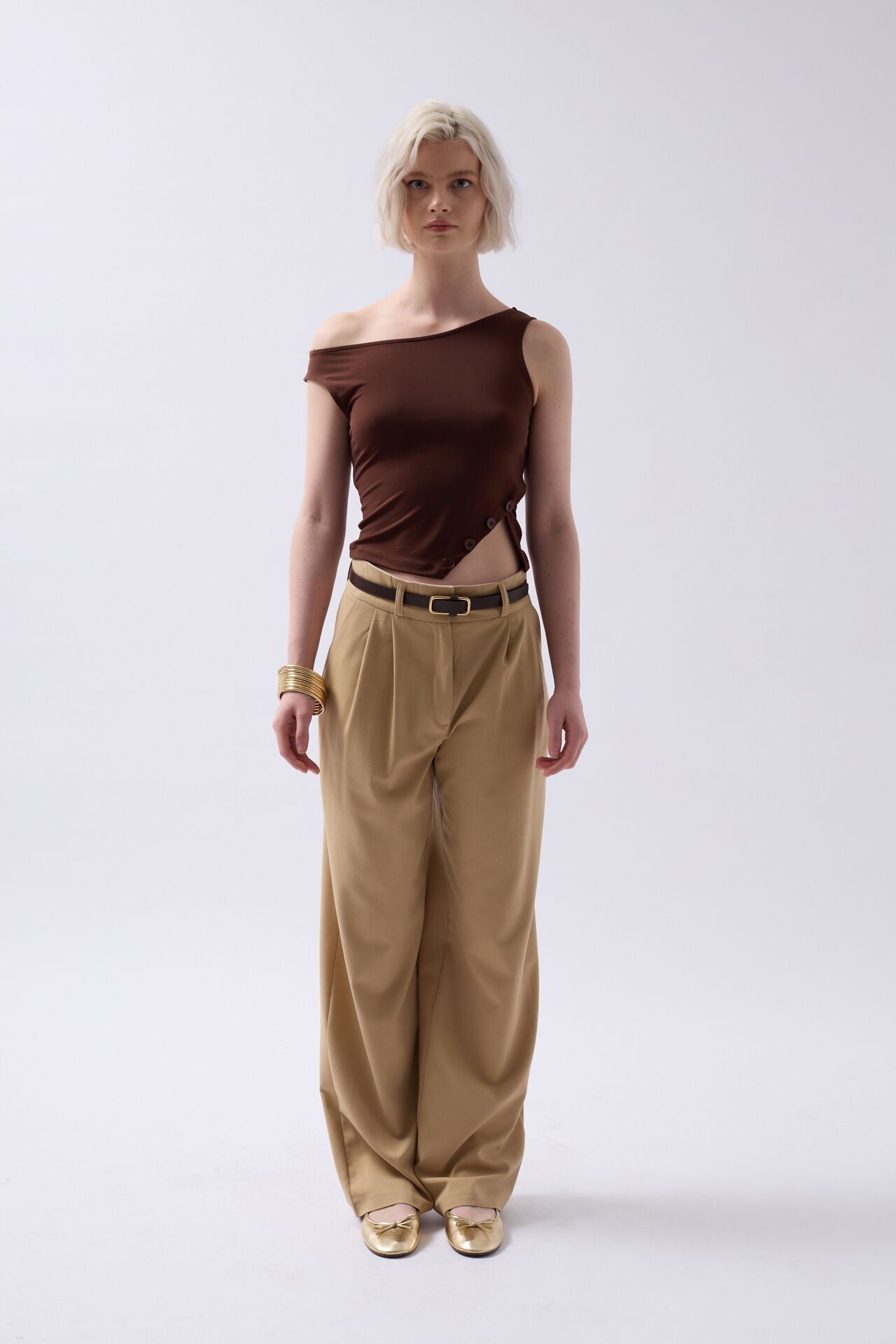 Wholesale Boat Neck Slit Detail Brown Blouse