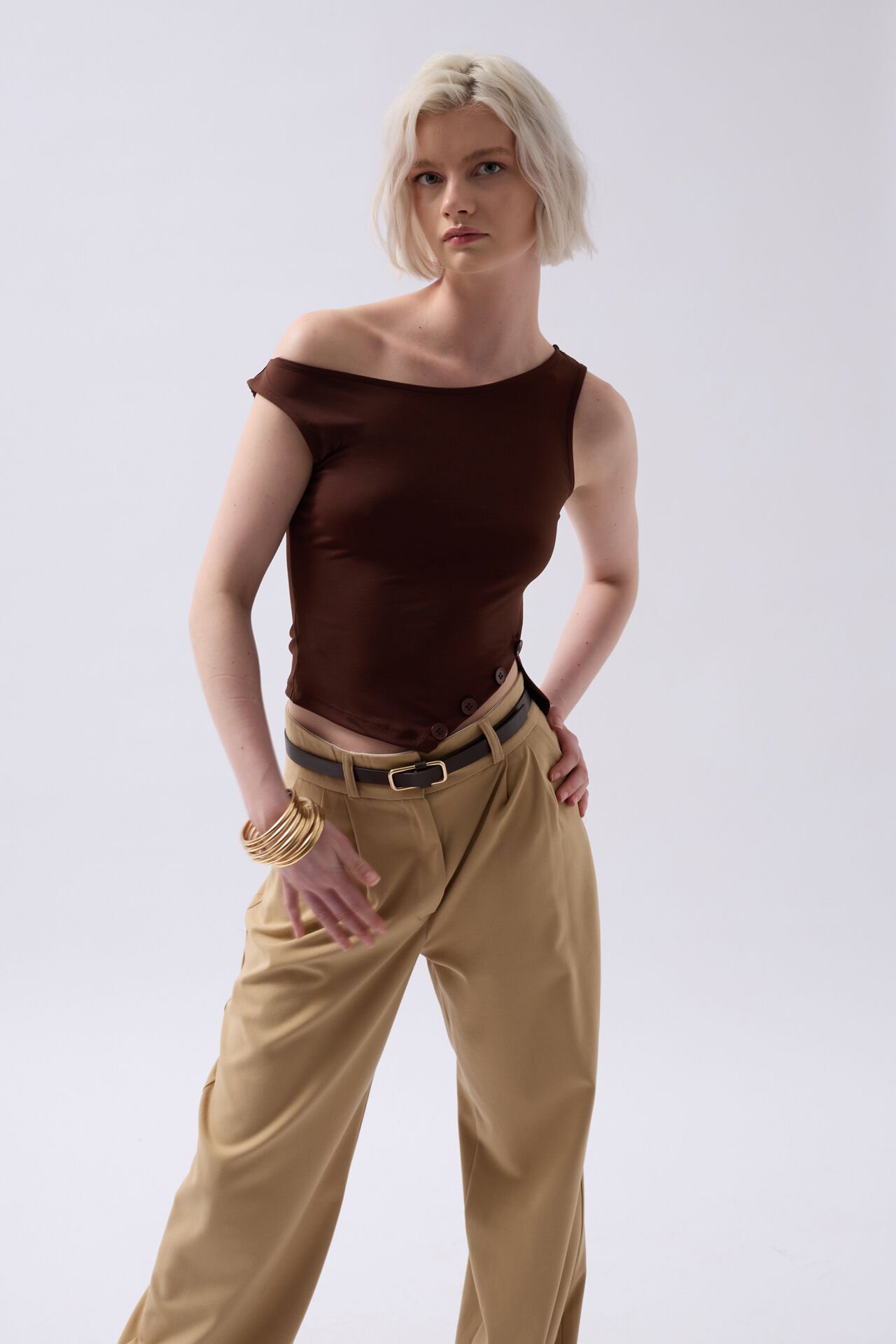 Wholesale Boat Neck Slit Detail Brown Blouse