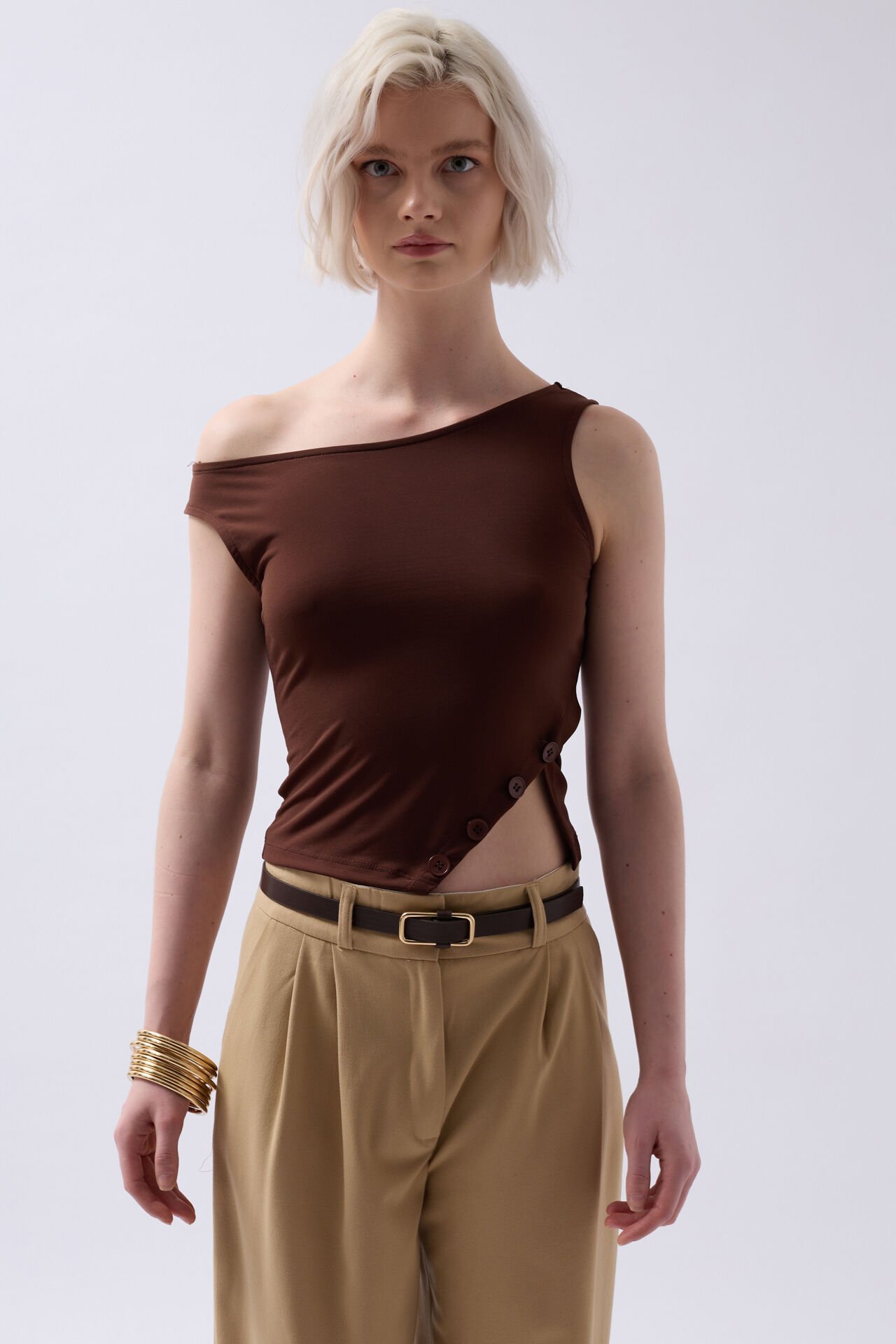 Wholesale Boat Neck Slit Detail Brown Blouse