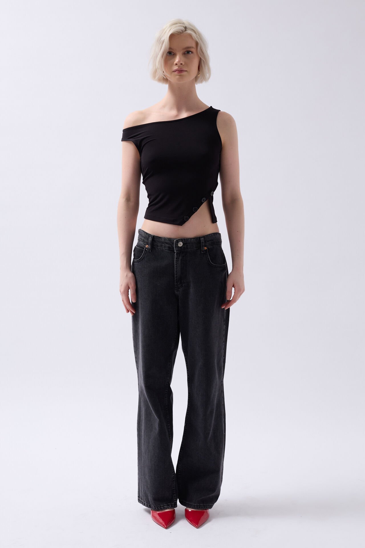 Wholesale Boat Neck Slit Detail Black Blouse