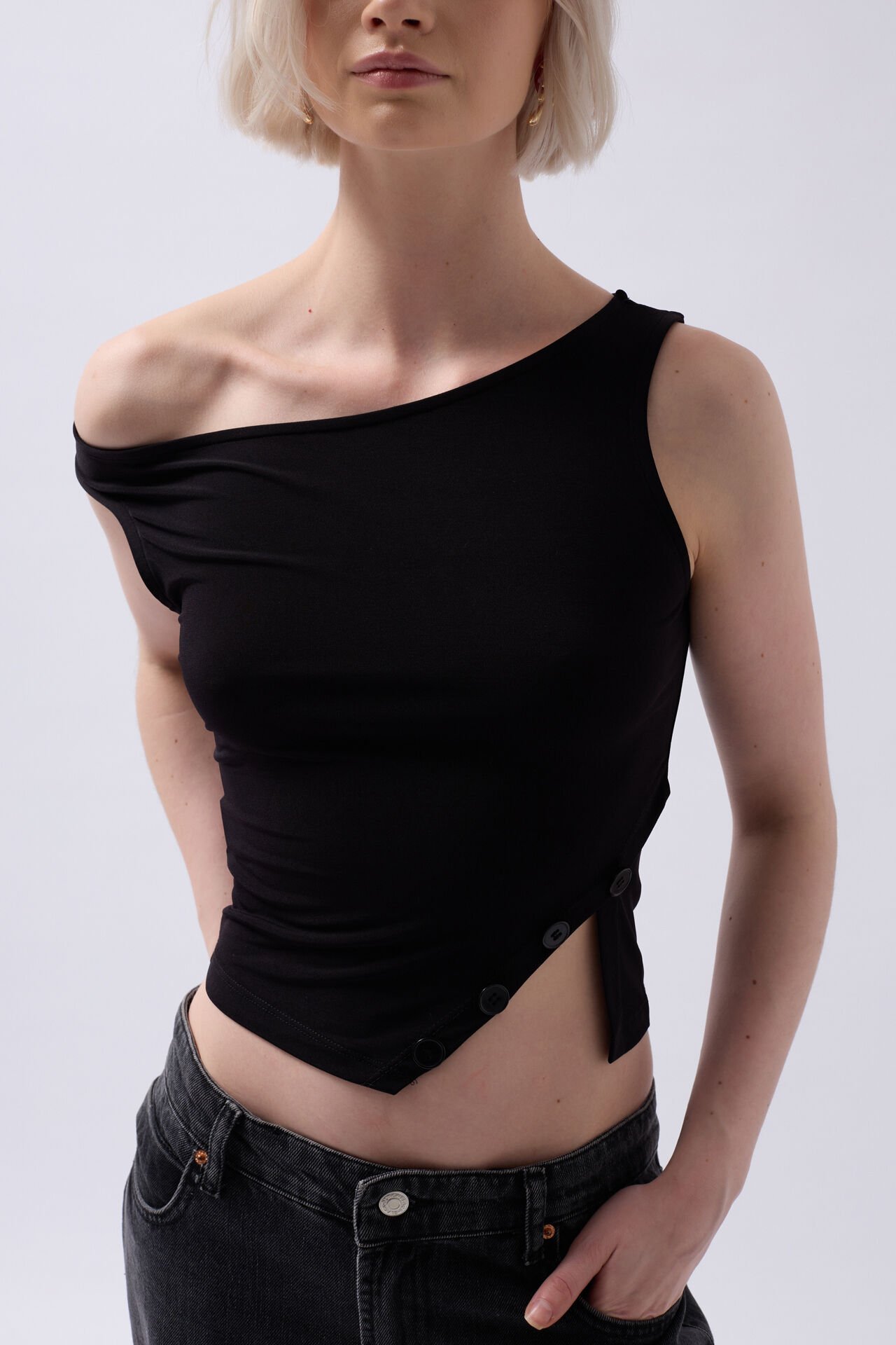 Wholesale Boat Neck Slit Detail Black Blouse