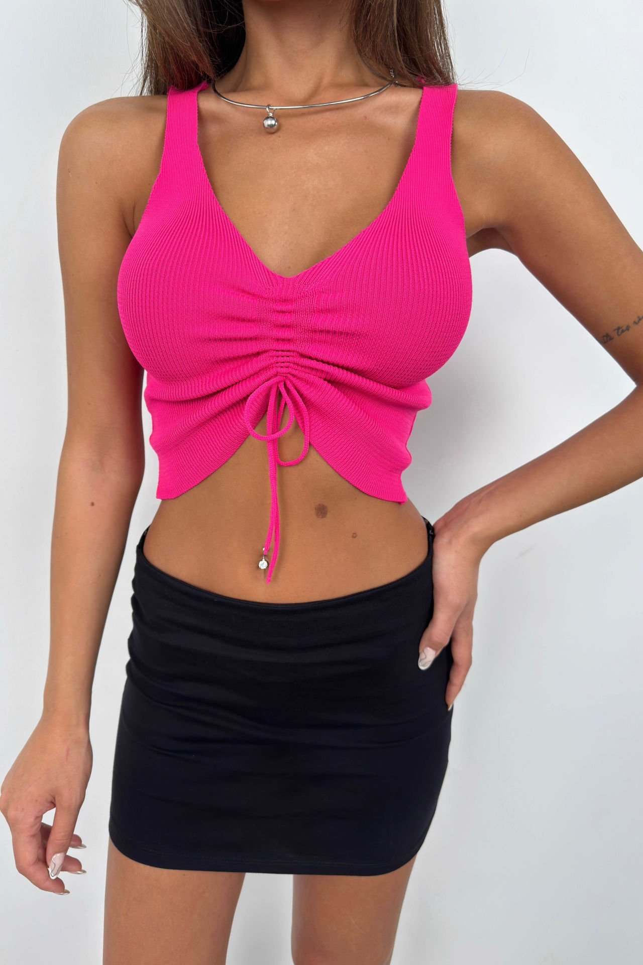 Toptan Ön Büzgülü Fuşya Crop Bluz