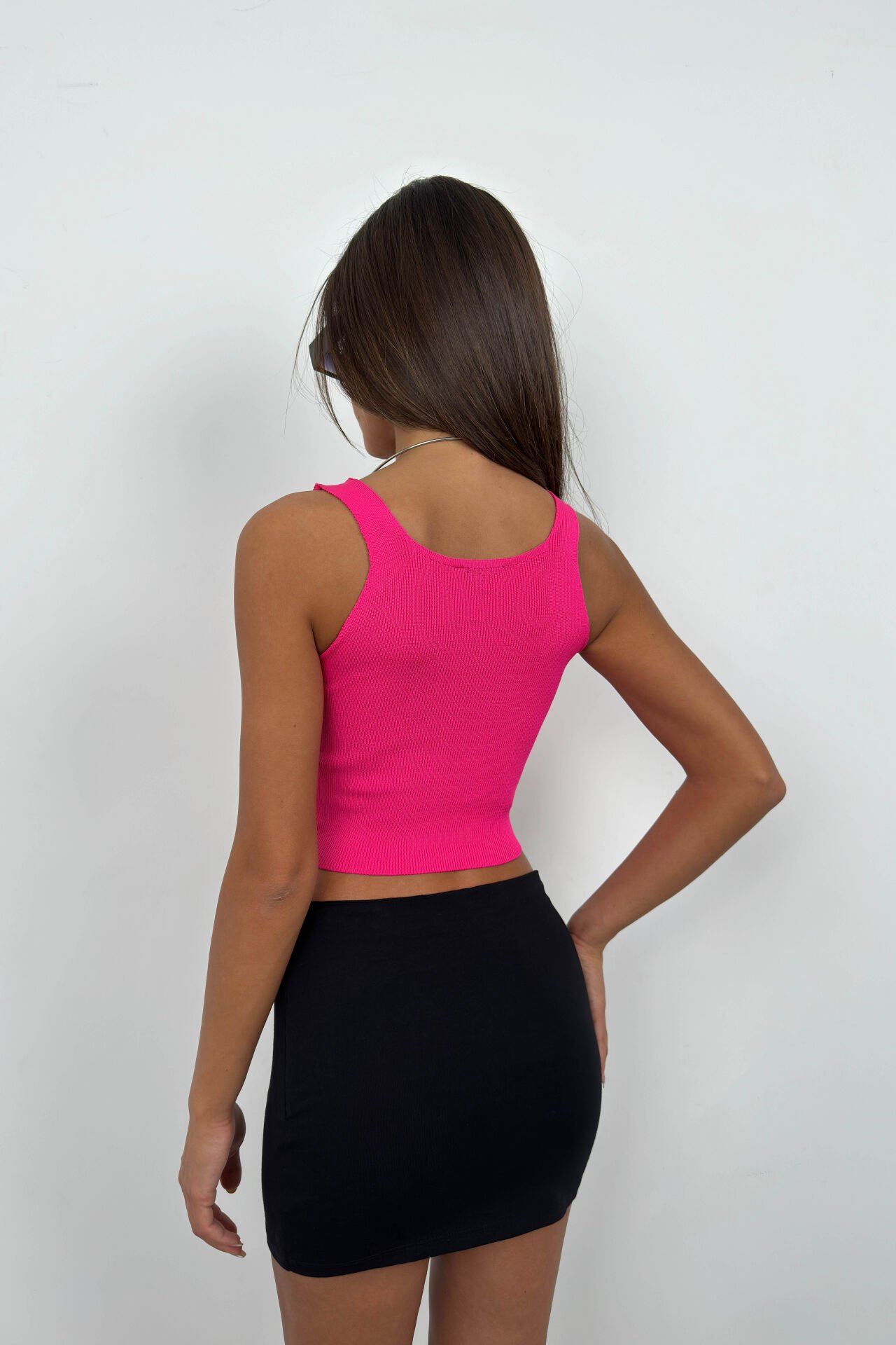 Toptan Ön Büzgülü Fuşya Crop Bluz