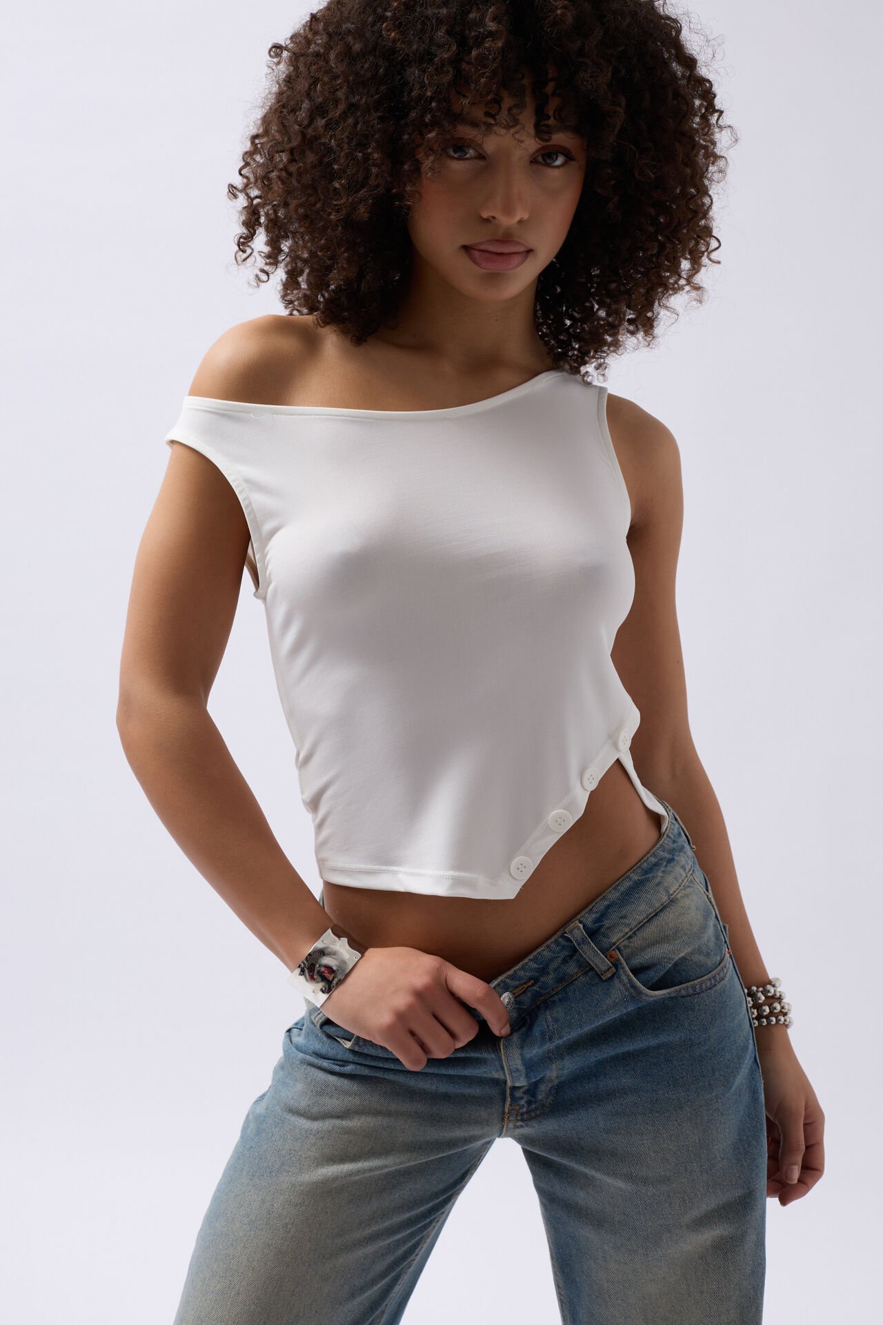 Wholesale Boat Neck Slit Detail White Blouse