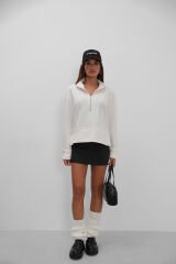 Toptan Fermuar ve Dikiş Detaylı Ekru Sweatshirt