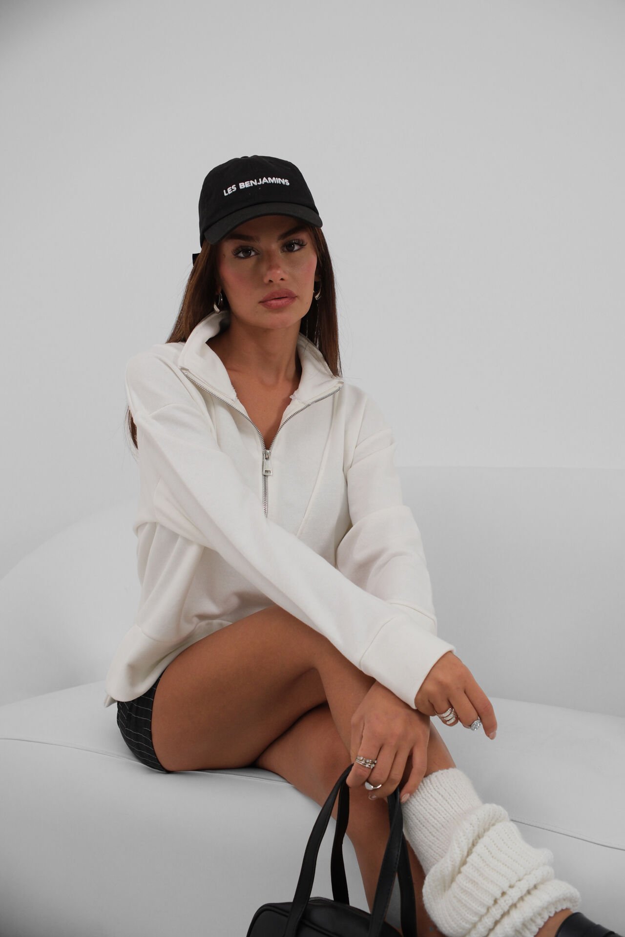 Toptan Fermuar ve Dikiş Detaylı Ekru Sweatshirt