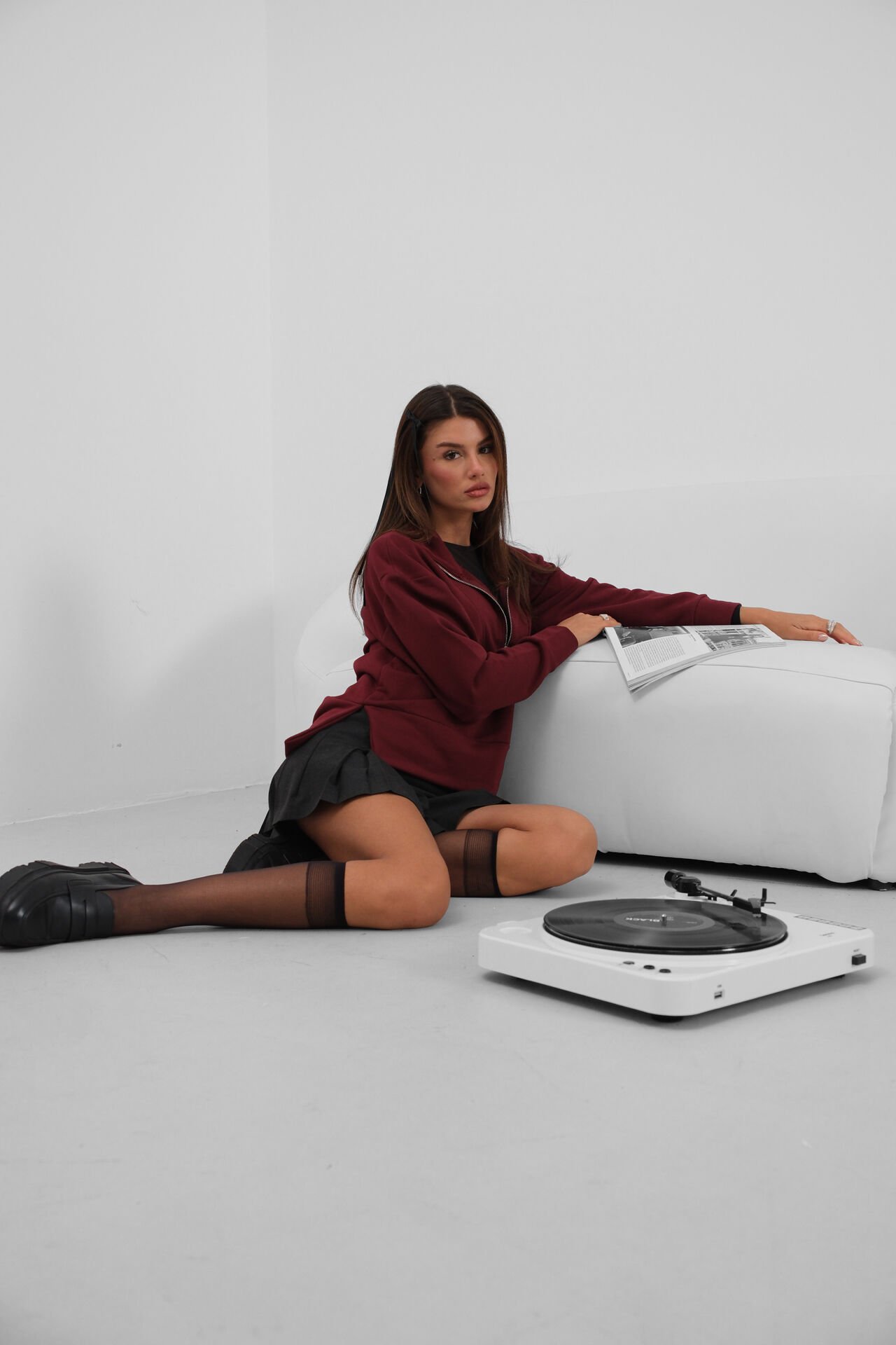 Toptan Fermuar ve Dikiş Detaylı Bordo Sweatshirt