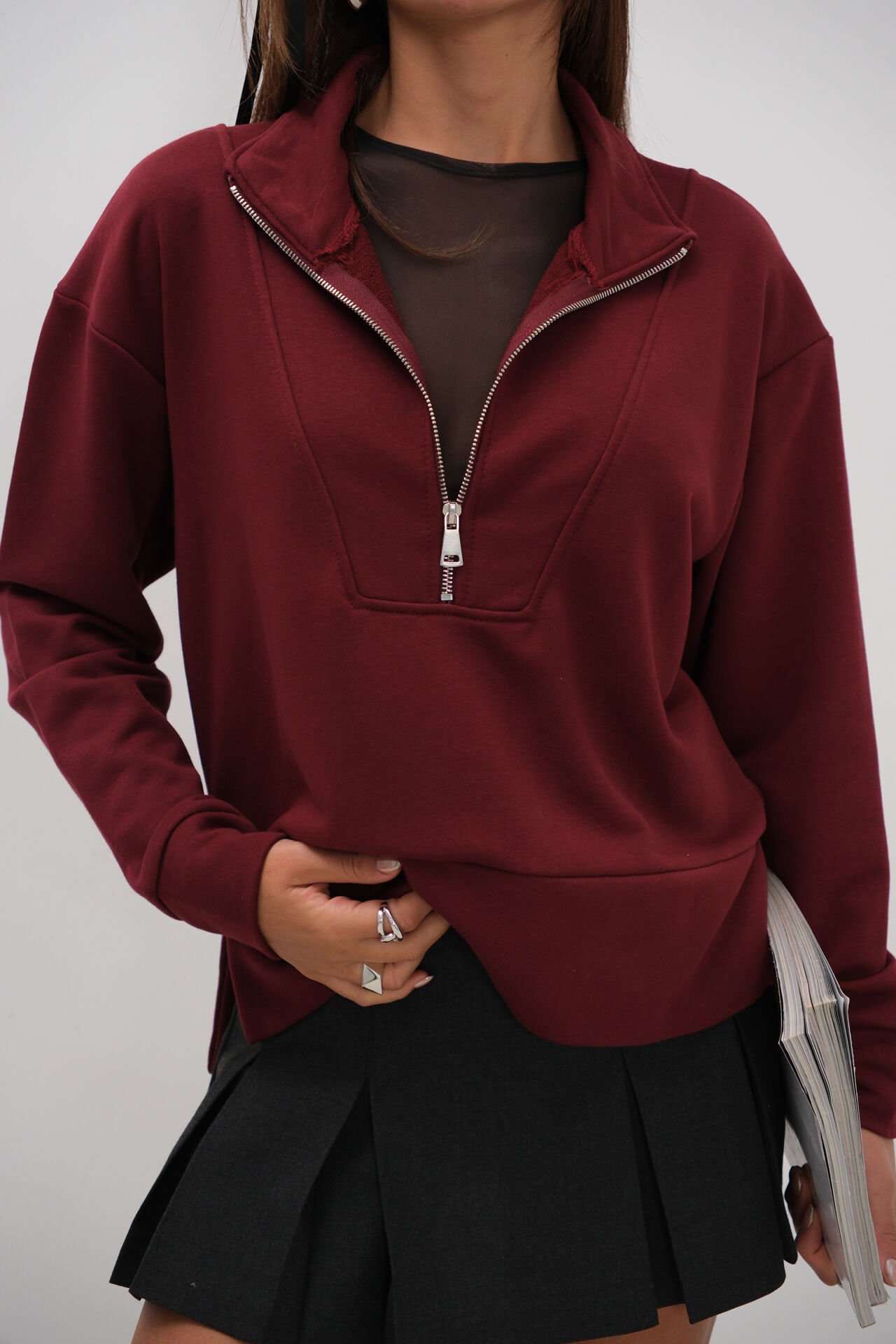 Toptan Fermuar ve Dikiş Detaylı Bordo Sweatshirt
