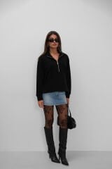 Toptan Fermuar ve Dikiş Detaylı Siyah Sweatshirt