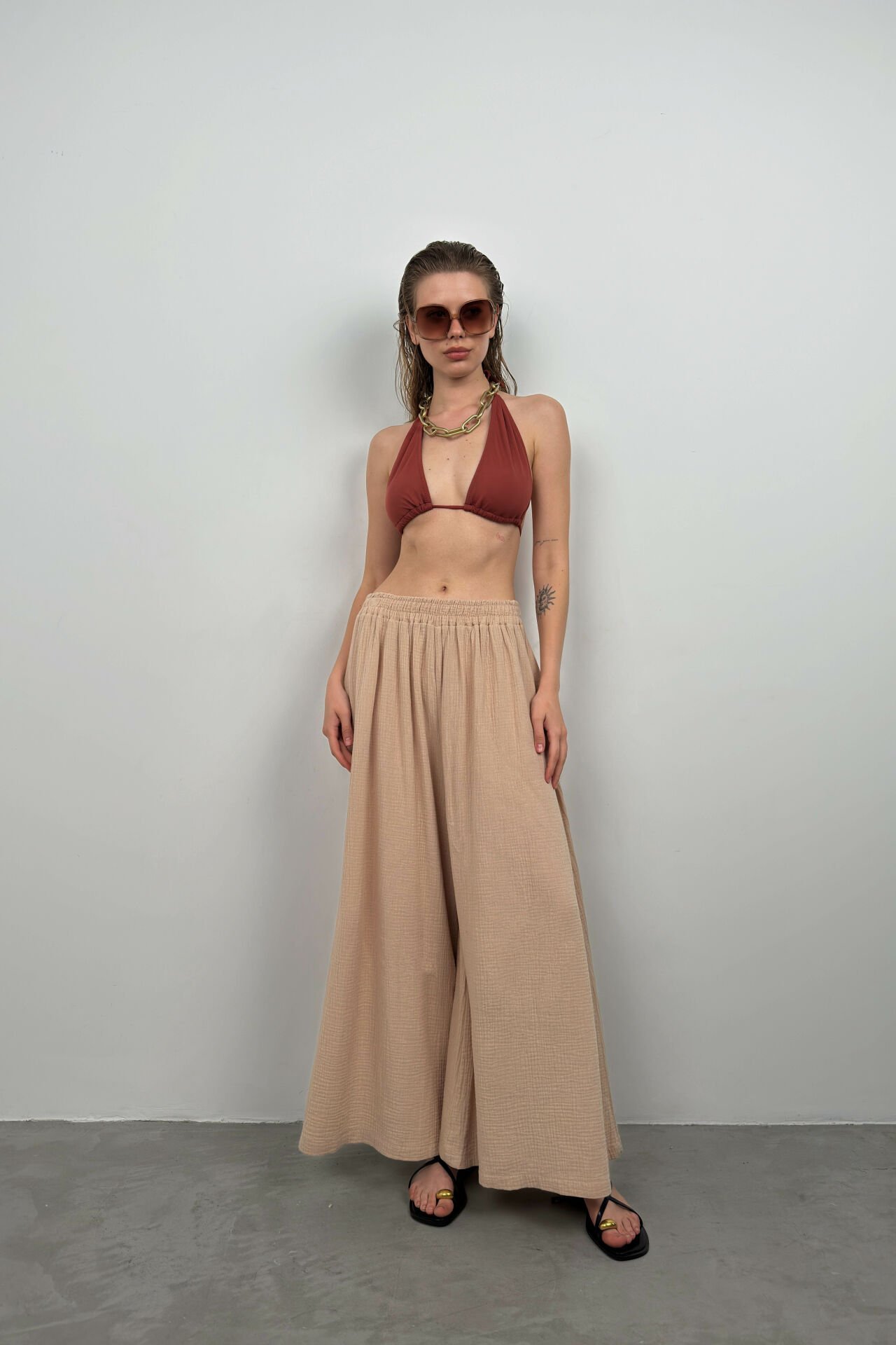 Wholesale Thick Belt Beige Linen Trousers