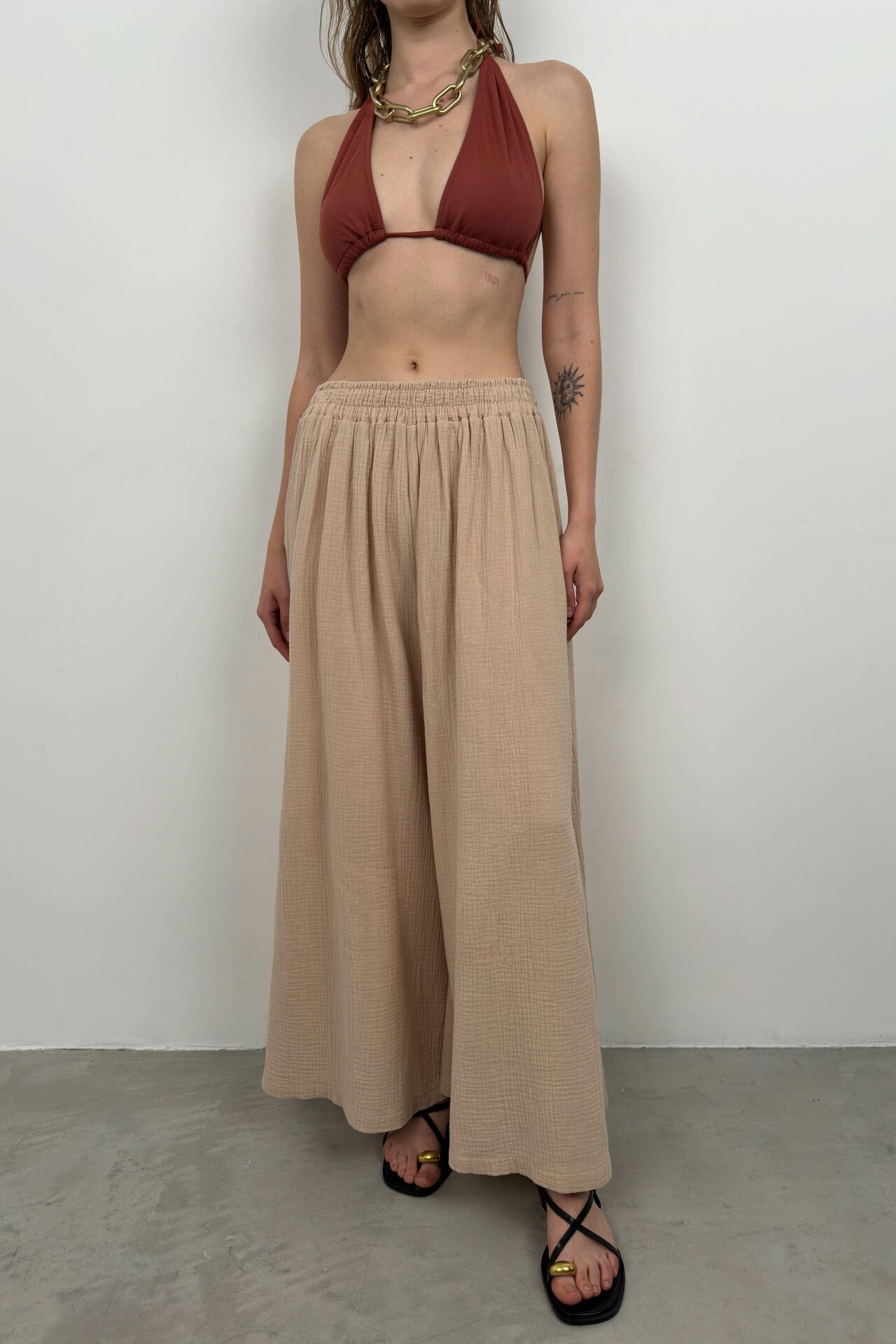 Wholesale Thick Belt Beige Linen Trousers