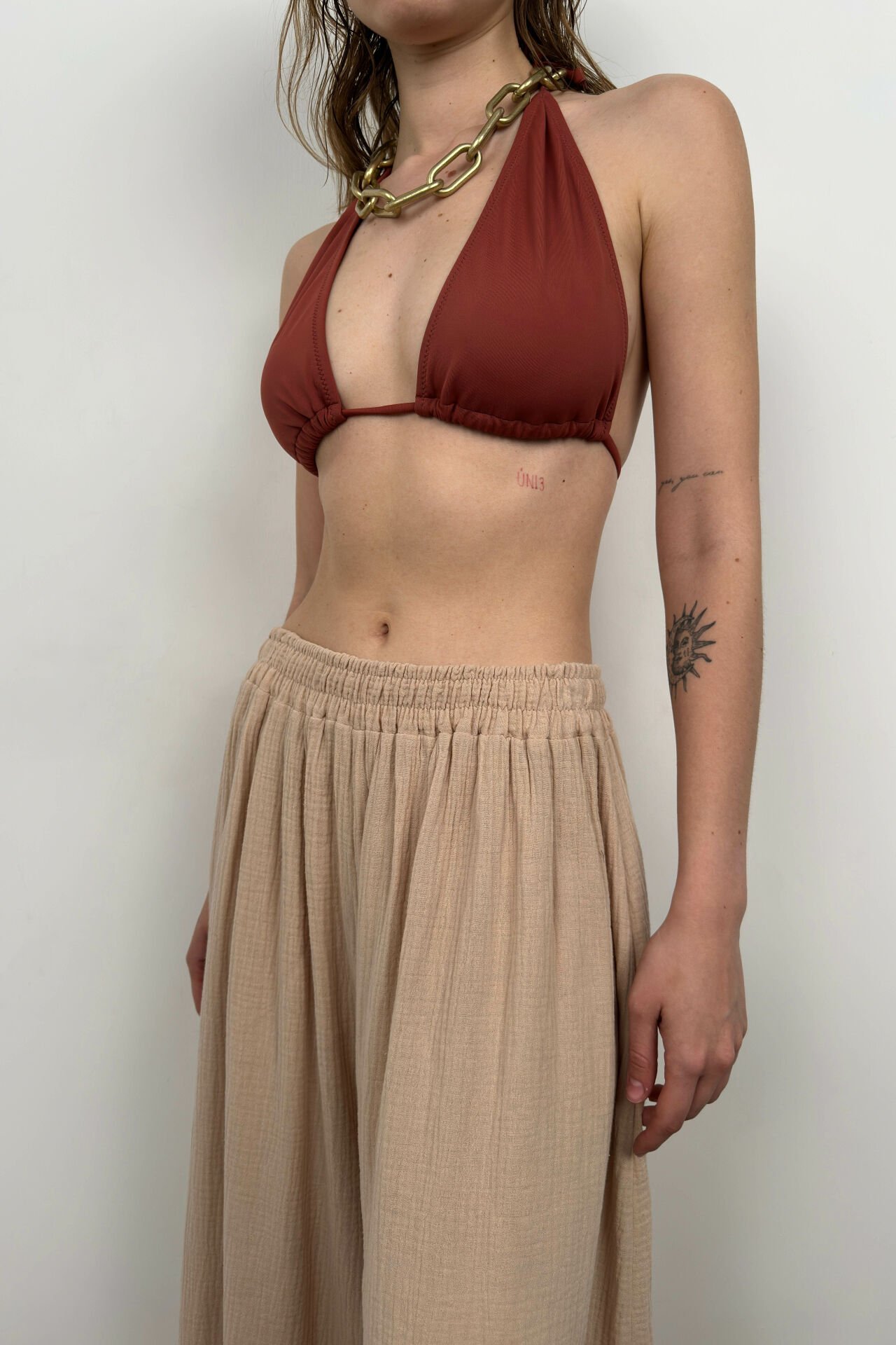 Wholesale Thick Belt Beige Linen Trousers