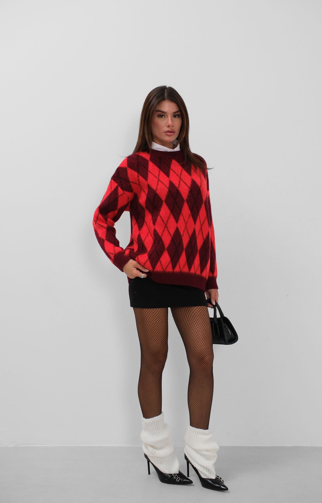 Wholesale Plaid Patterned Raised Red Sweater