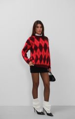 Wholesale Plaid Patterned Raised Red Sweater