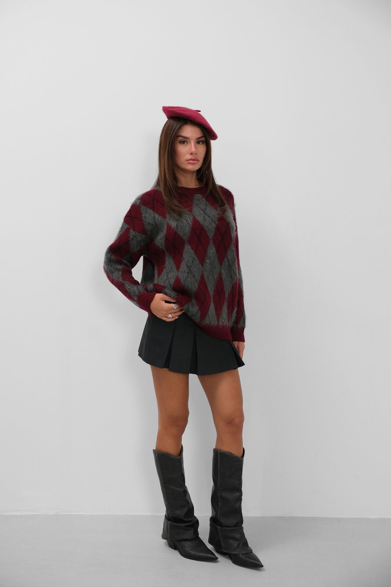 Wholesale Plaid Patterned Grey Burgundy Sweater