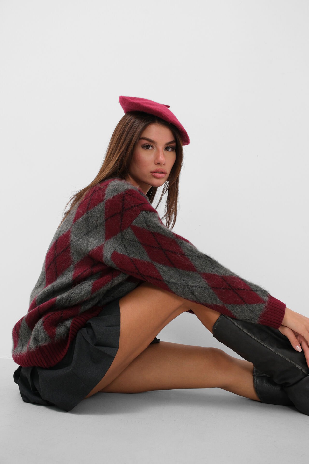 Wholesale Plaid Patterned Grey Burgundy Sweater