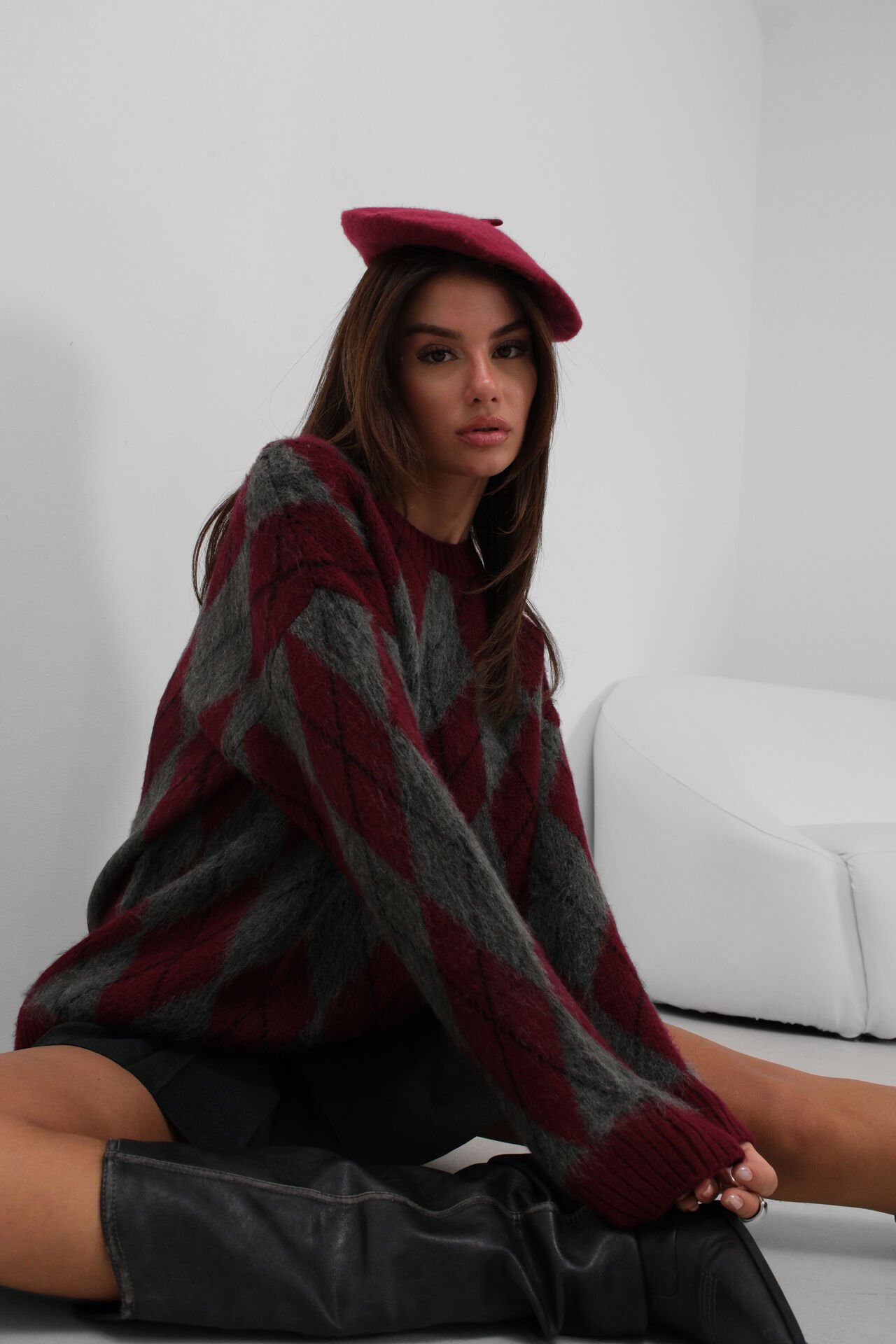 Wholesale Plaid Patterned Grey Burgundy Sweater