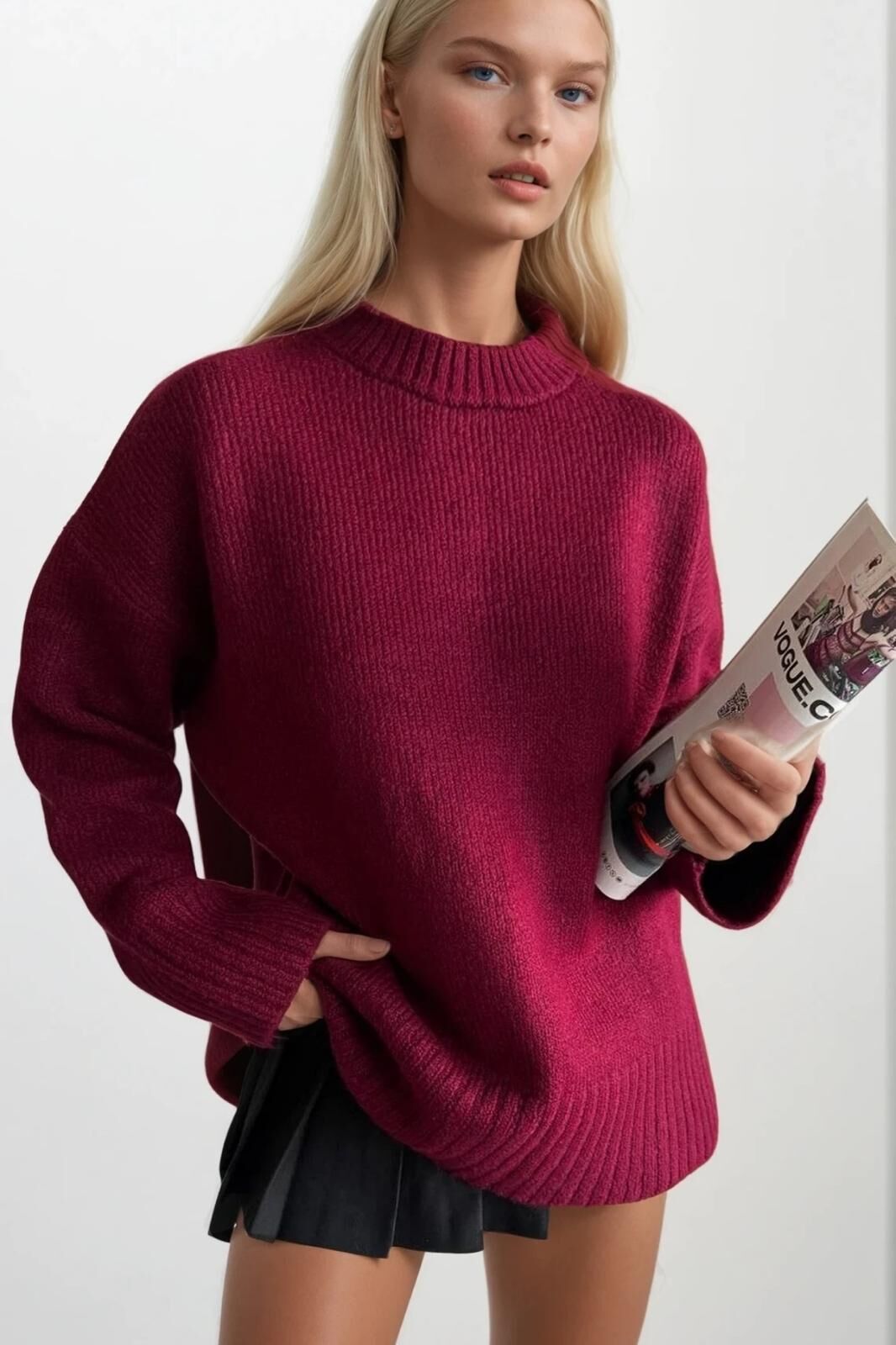 Toptan Bisiklet Yaka Basic Bordo Triko Kazak