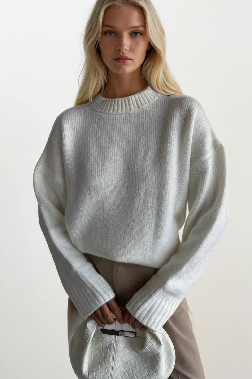 Toptan Bisiklet Yaka Basic Ekru Triko Kazak