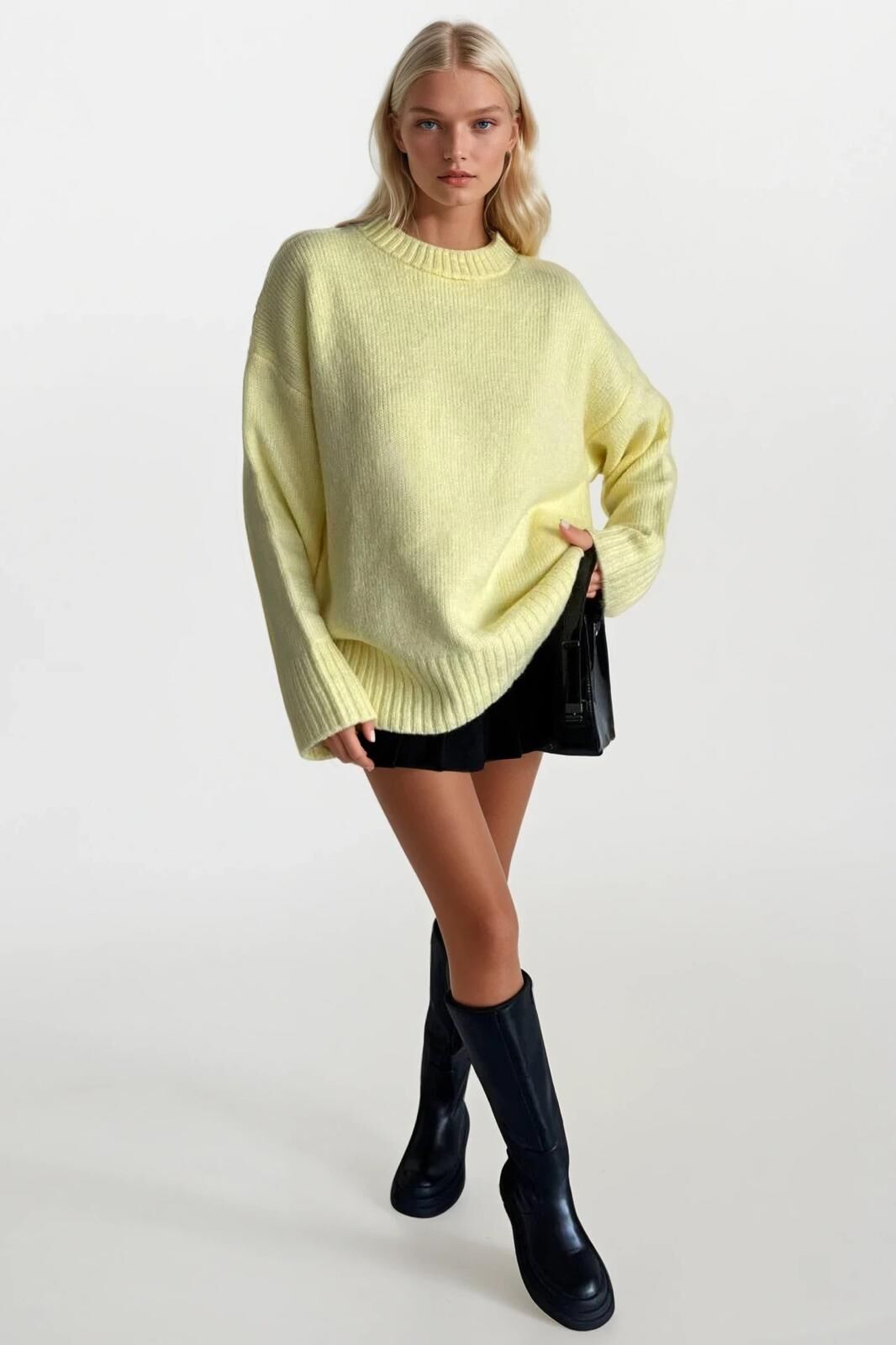 Toptan Bisiklet Yaka Basic Sarı Triko Kazak