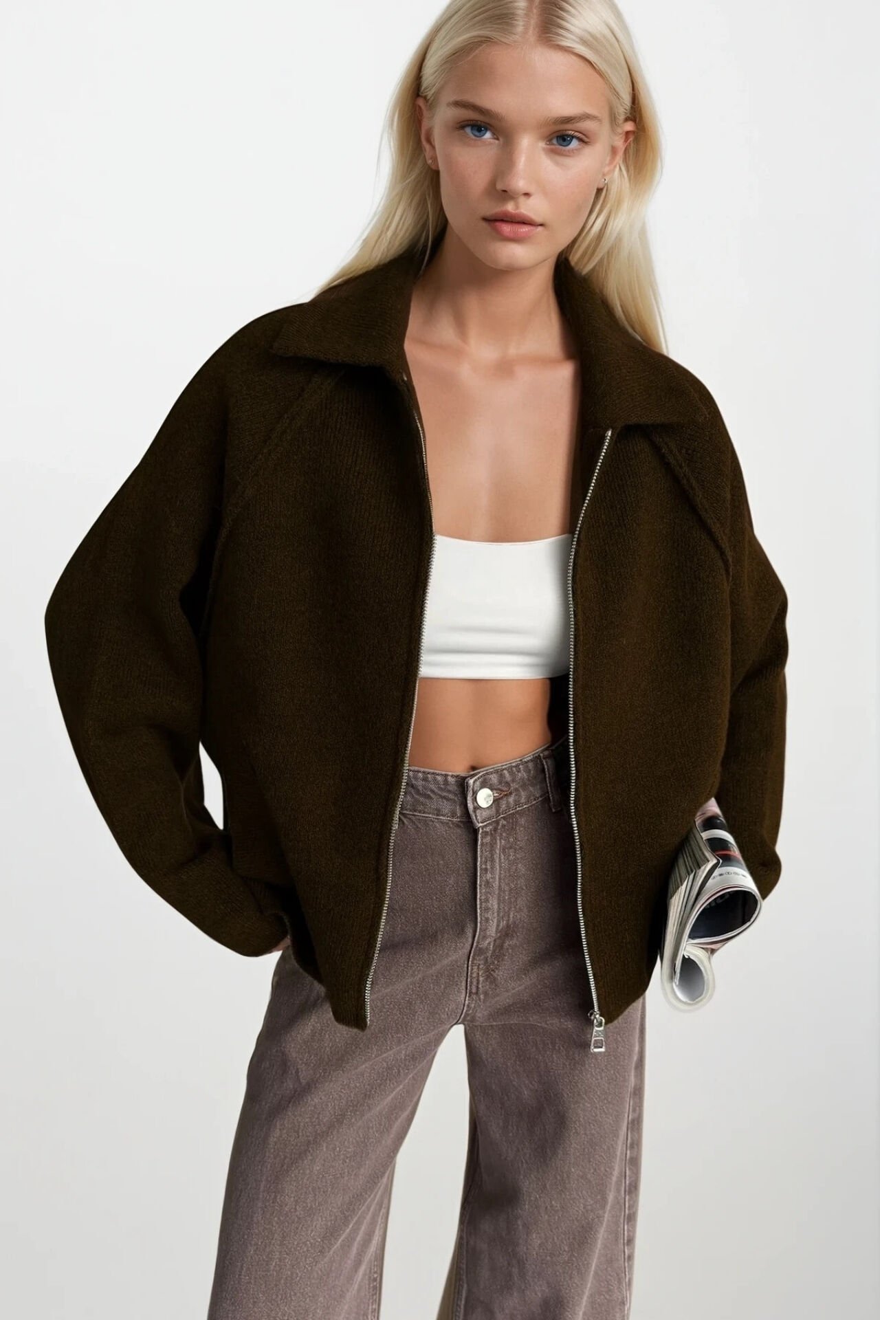 Toptan Balıkçı Yaka Fermuar Detay Kahverengi Kazak