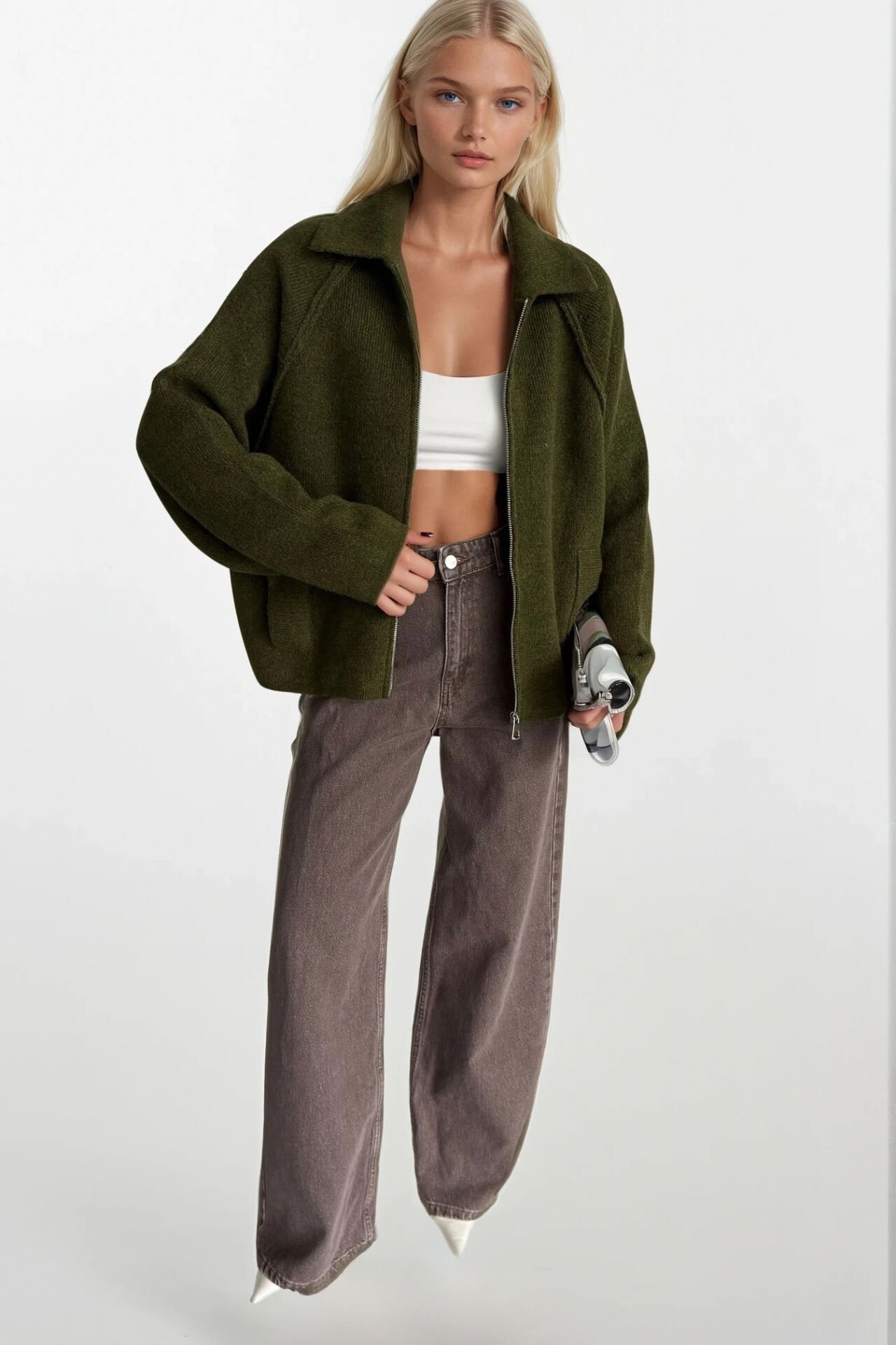 Toptan Balıkçı Yaka Fermuar Detay Haki Kazak