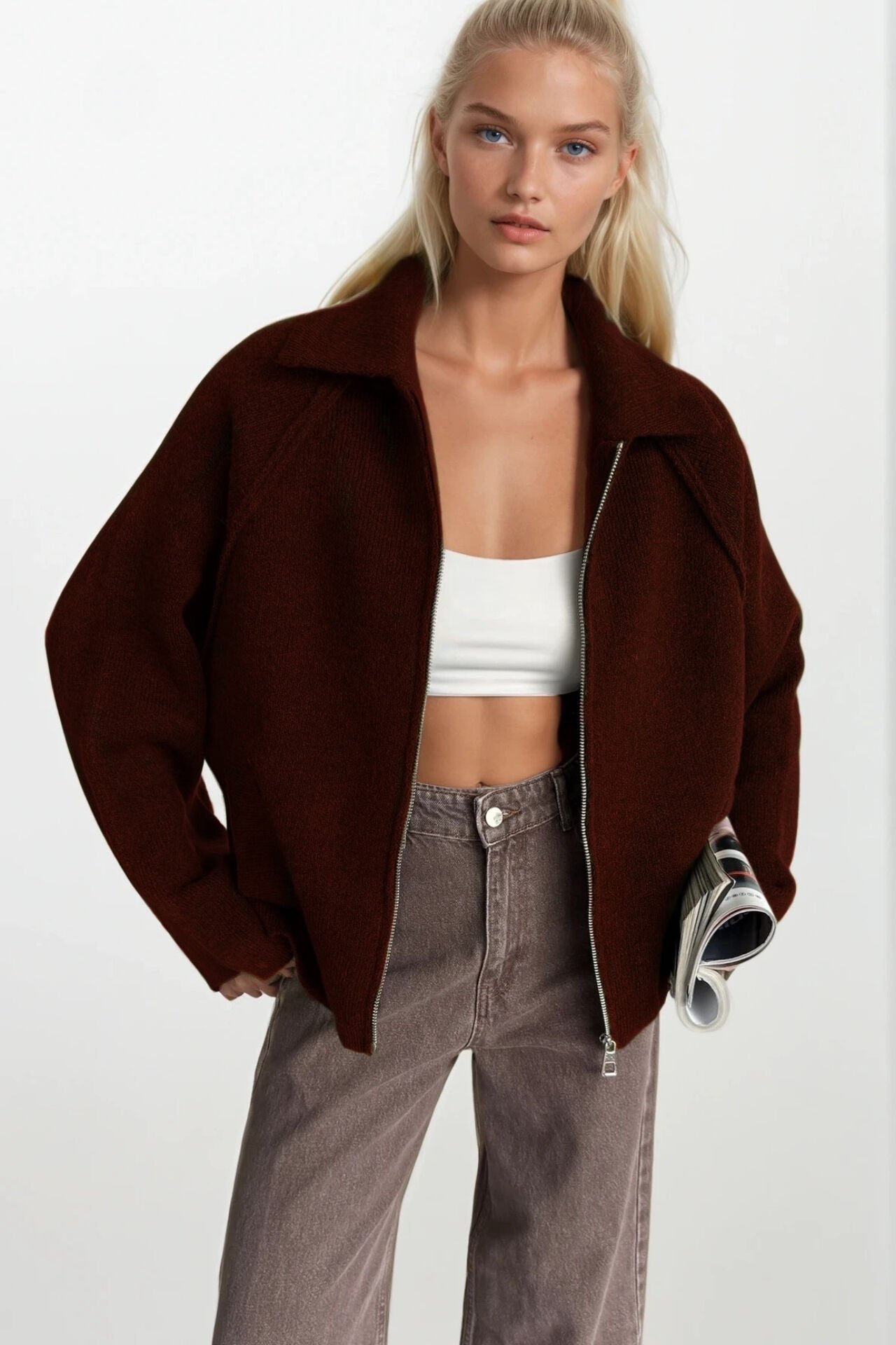 Toptan Balıkçı Yaka Fermuar Detay Bordo Kazak