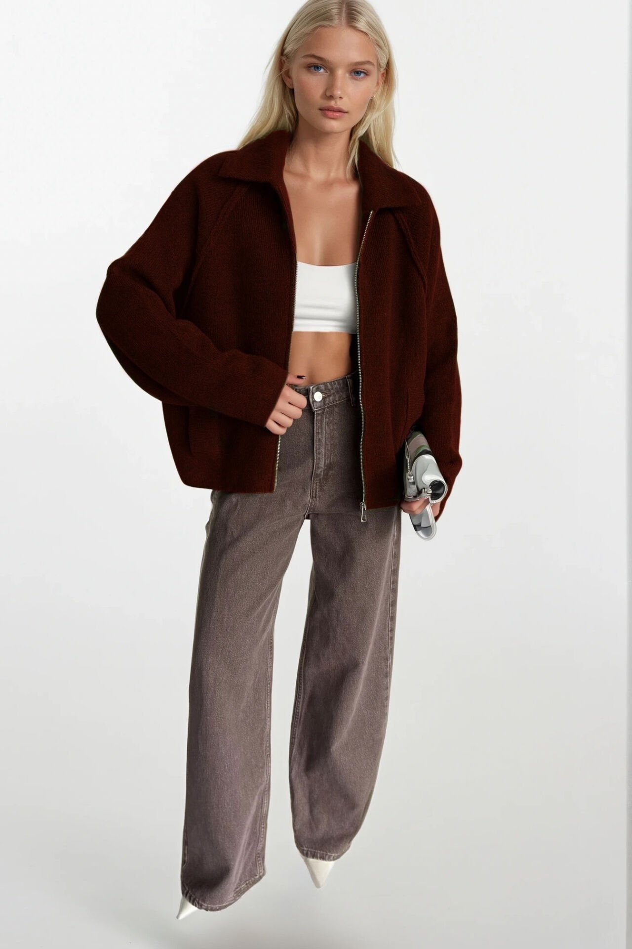 Toptan Balıkçı Yaka Fermuar Detay Bordo Kazak