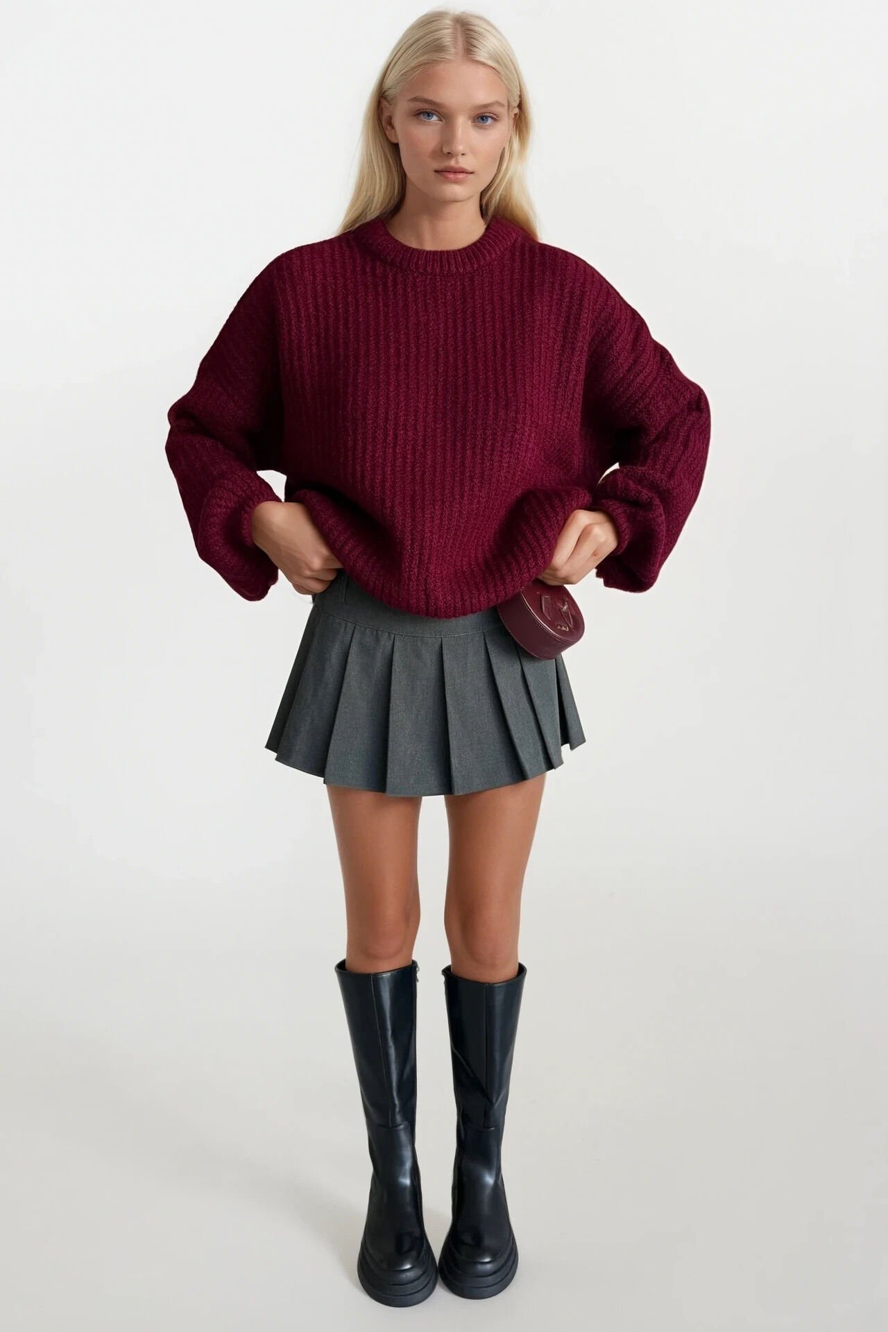 Toptan Örgü Detay Basic Bordo Triko Kazak