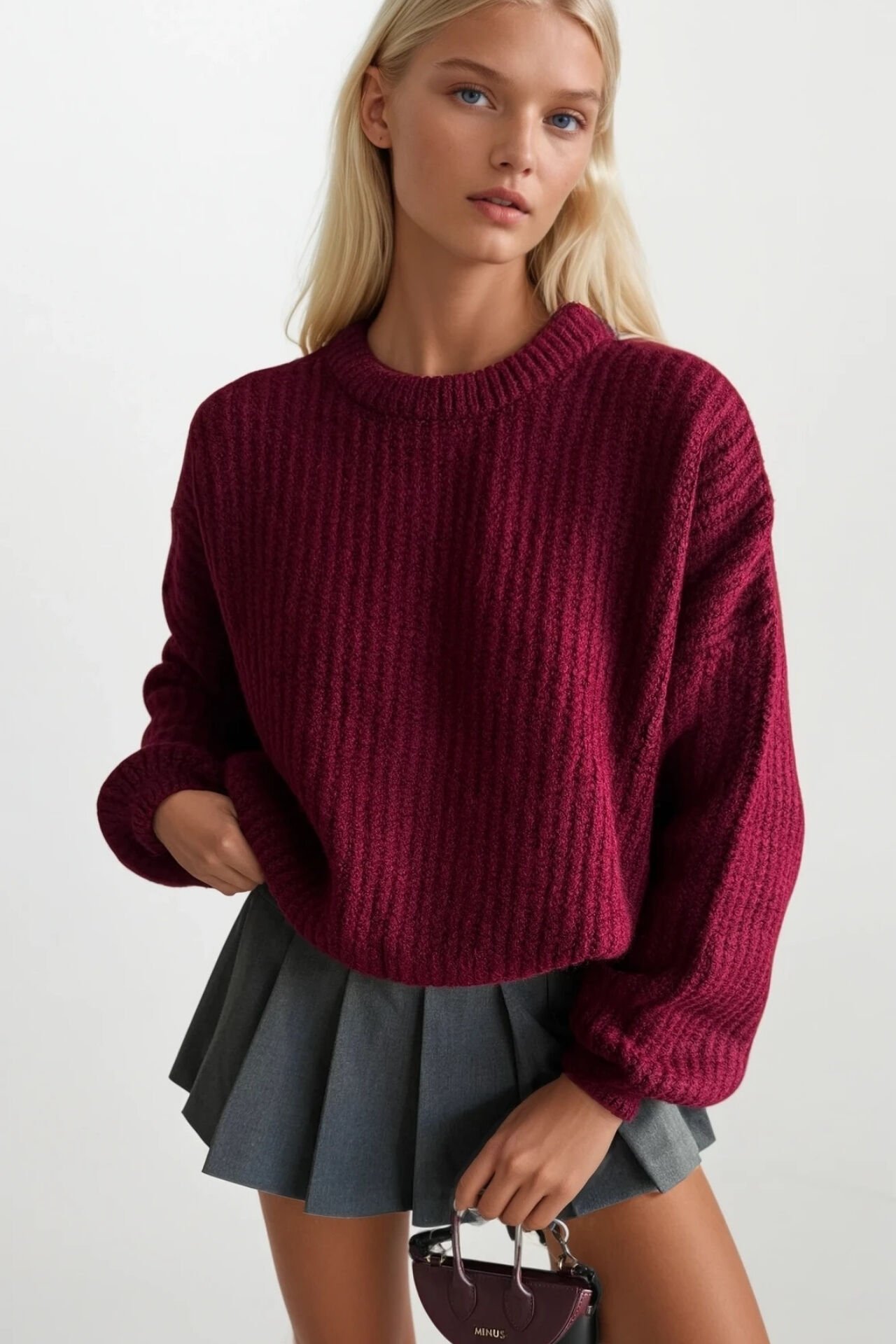 Toptan Örgü Detay Basic Bordo Triko Kazak