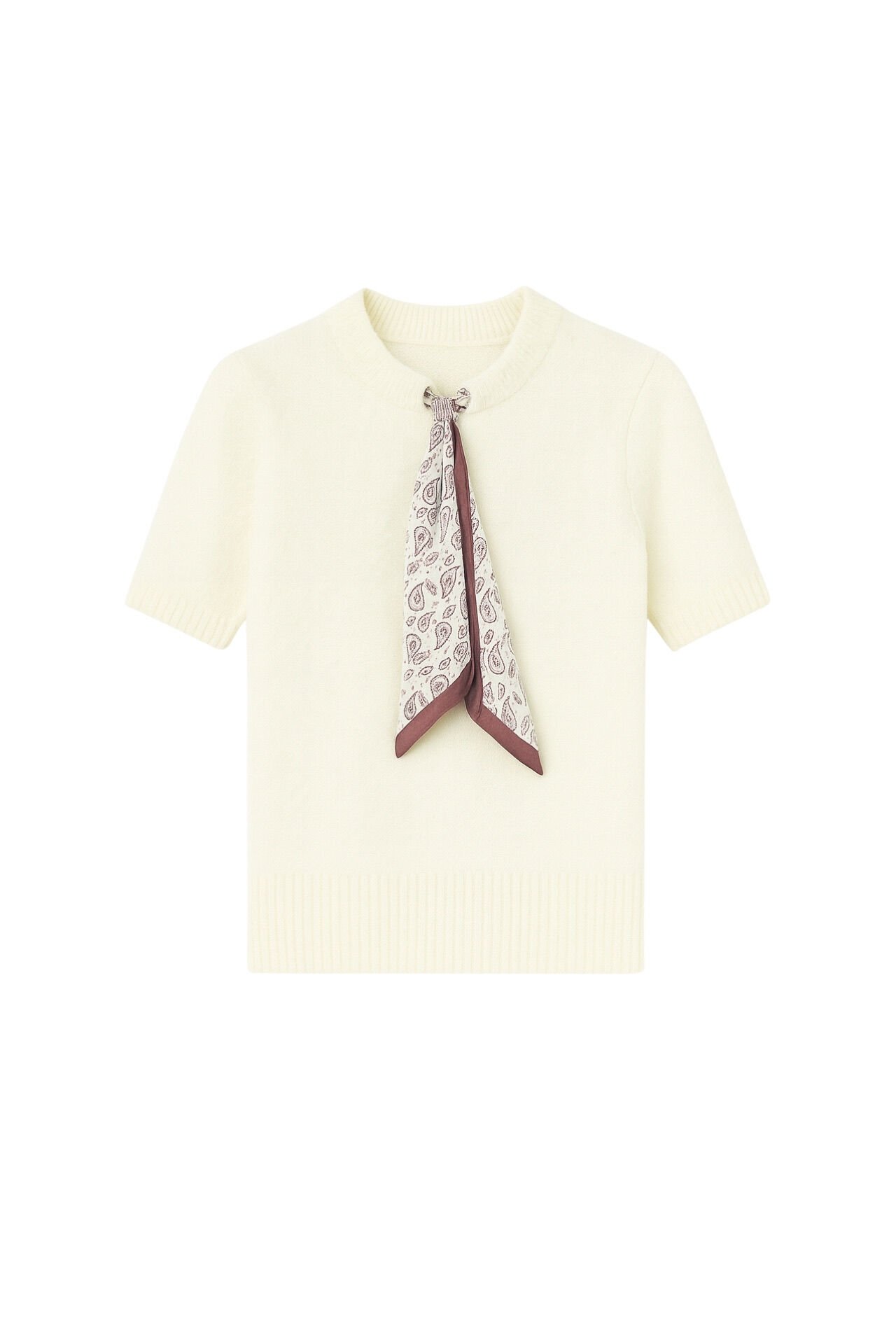 Toptan Fular Detay Yarım Kol Ekru Triko Bluz