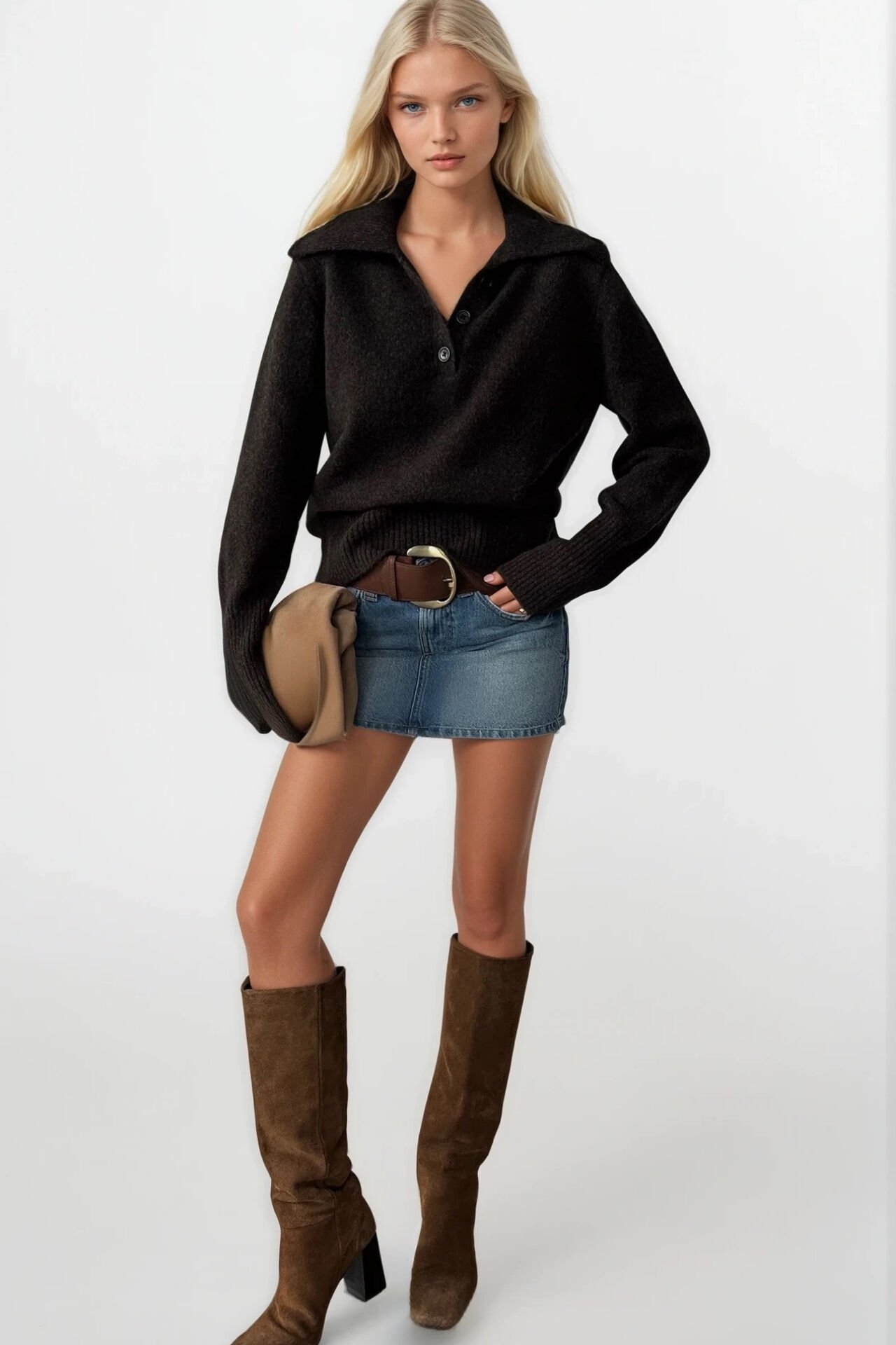 Toptan Polo Yaka Düğmeli Kahverengi Triko Kazak